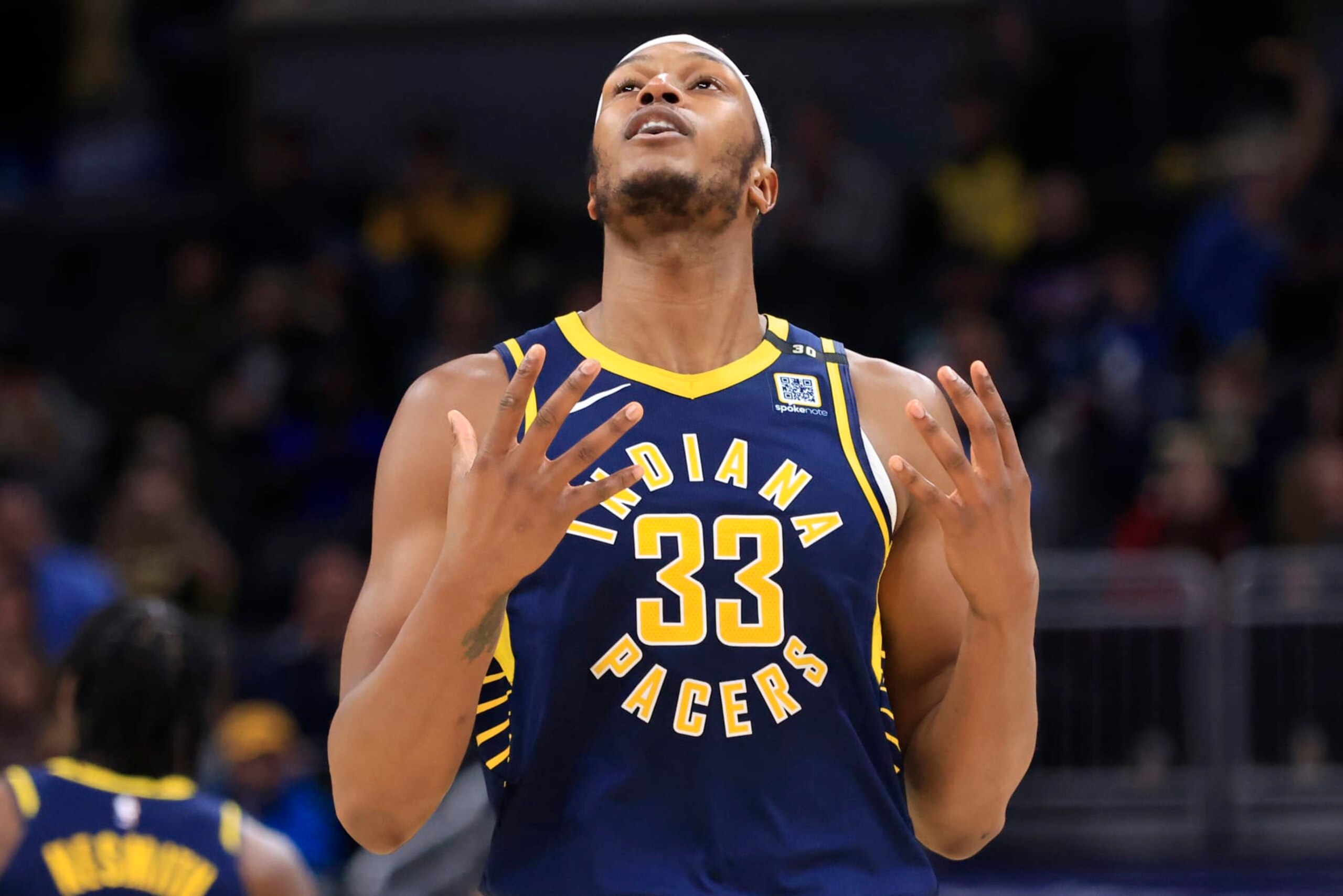INDIANAPOLIS, INDIANA - JANUARY 10: Myles Turner #33 of the Indiana Pacers reacts in the game against the Washington Wizards at Gainbridge Fieldhouse on January 10, 2024 in Indianapolis, Indiana. NOTE TO USER: User expressly acknowledges and agrees that, by downloading and or using this photograph, User is consenting to the terms and conditions of the Getty Images License Agreement. (Photo by Justin Casterline/Getty Images)