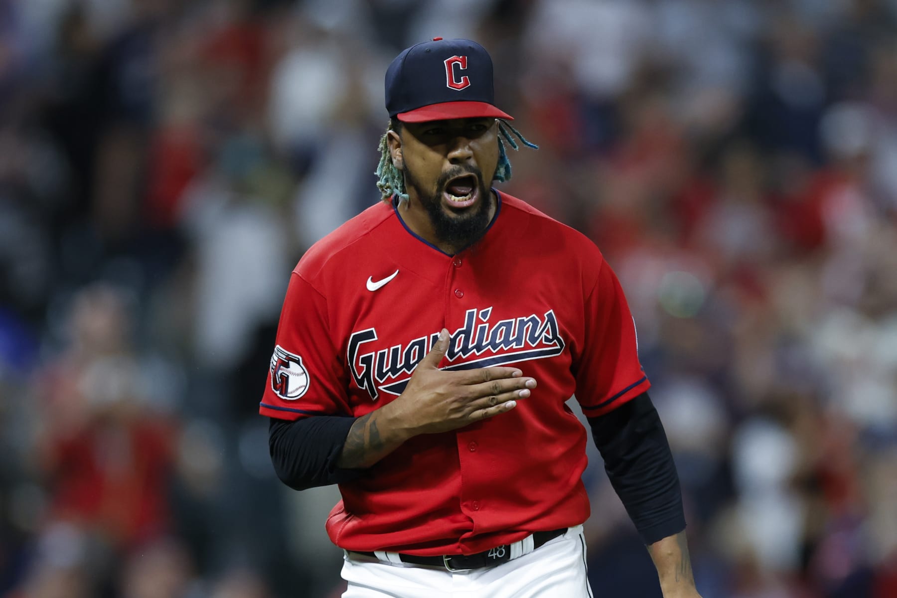 CLEVELAND, OH - AUGUST 18: Emmanuel Clase #48 of the Cleveland Guardians celebrates his team's 4-1 win against the Detroit Tigers in game two of a doubleheader at Progressive Field on August 18, 2023 in Cleveland, Ohio. (Photo by Ron Schwane/Getty Images)
