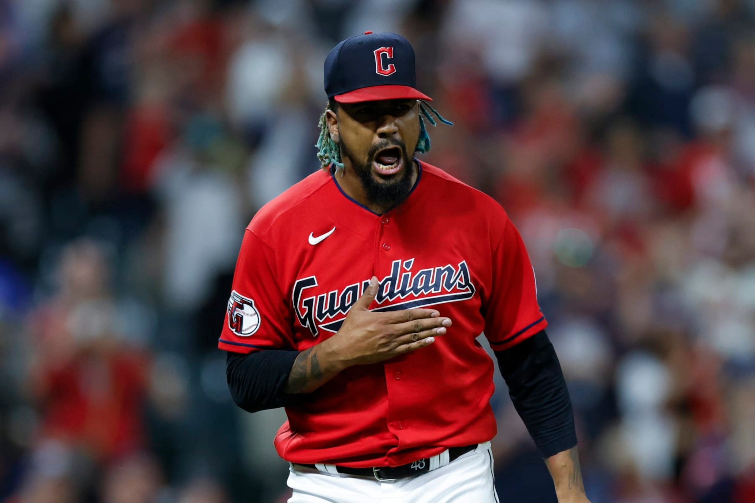 CLEVELAND, OH - AUGUST 18: Emmanuel Clase #48 of the Cleveland Guardians celebrates his team's 4-1 win against the Detroit Tigers in game two of a doubleheader at Progressive Field on August 18, 2023 in Cleveland, Ohio. (Photo by Ron Schwane/Getty Images) CLEVELAND, OH - AUGUST 18: Emmanuel Clase #48 of the Cleveland Guardians celebrates his team's 4-1 win against the Detroit Tigers in game two of a doubleheader at Progressive Field on August 18, 2023 in Cleveland, Ohio. (Photo by Ron Schwane/Getty Images)