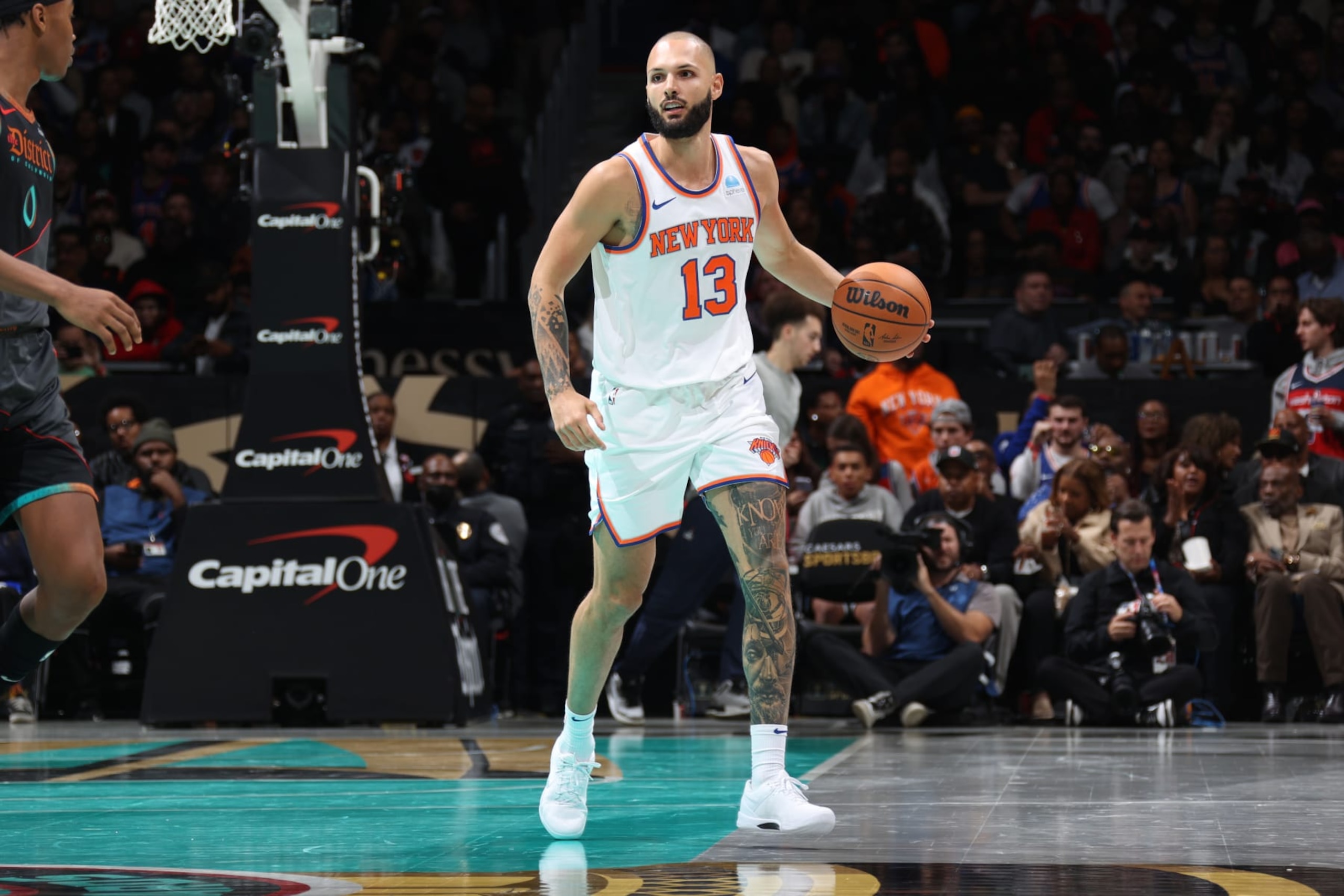 WASHINGTON, DC - NOVEMBER 17: Evan Fournier #13 of the New York Knicks dribbles the ball during the game against the Washington Wizards during the In-Season Tournament on November 17, 2023 at Capital One Arena in Washington, DC. NOTE TO USER: User expressly acknowledges and agrees that, by downloading and or using this Photograph, user is consenting to the terms and conditions of the Getty Images License Agreement. Mandatory Copyright Notice: Copyright 2023 NBAE (Photo by Stephen Gosling/NBAE via Getty Images) WASHINGTON, DC - NOVEMBER 17: Evan Fournier #13 of the New York Knicks dribbles the ball during the game against the Washington Wizards during the In-Season Tournament on November 17, 2023 at Capital One Arena in Washington, DC. NOTE TO USER: User expressly acknowledges and agrees that, by downloading and or using this Photograph, user is consenting to the terms and conditions of the Getty Images License Agreement. Mandatory Copyright Notice: Copyright 2023 NBAE (Photo by Stephen Gosling/NBAE via Getty Images)