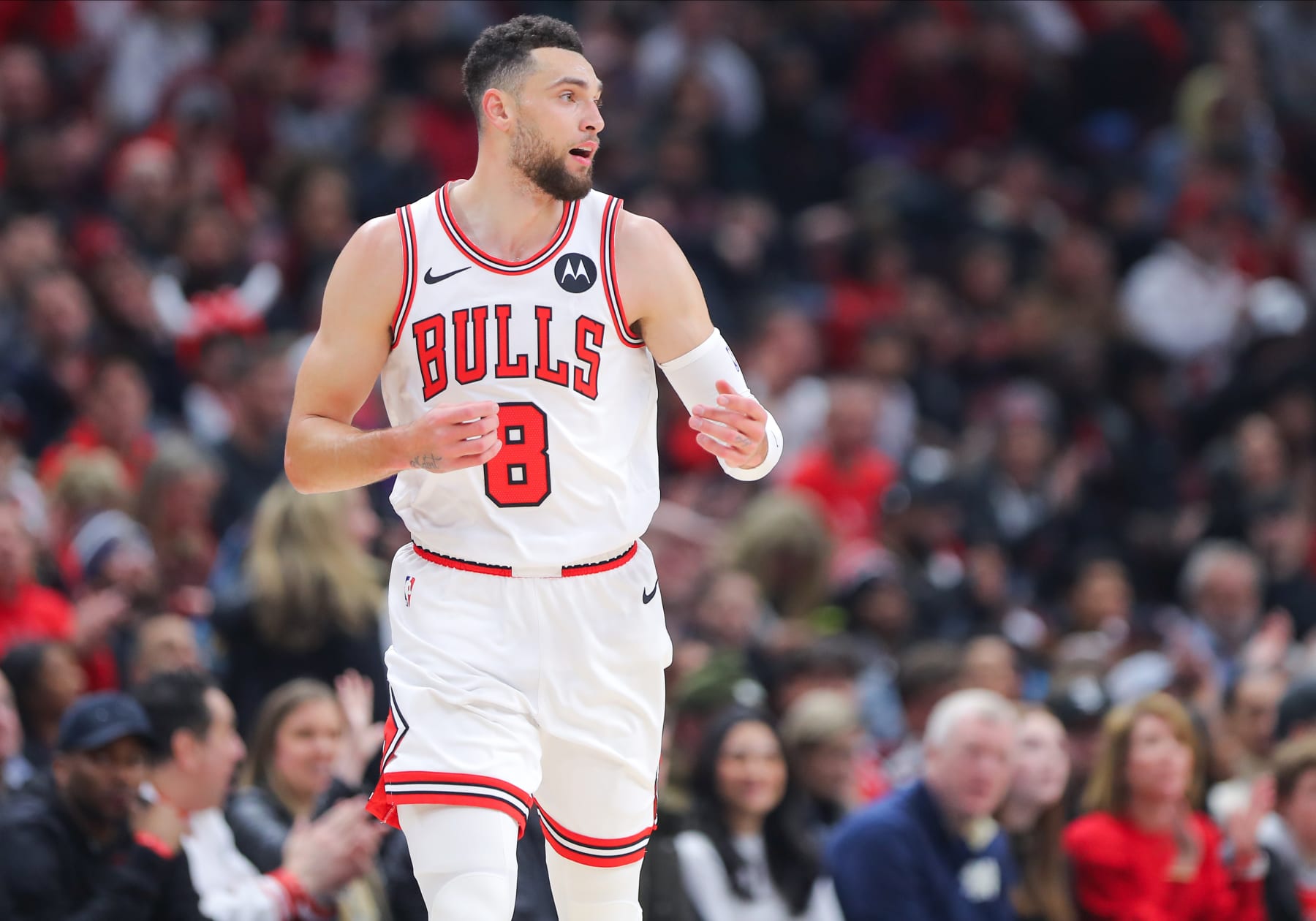CHICAGO, IL - JANUARY 12: Zach LaVine #8 of the Chicago Bulls reacts during the first half against the Golden State Warriors at the United Center on January 12, 2024 in Chicago, Illinois. (Photo by Melissa Tamez/Icon Sportswire via Getty Images)