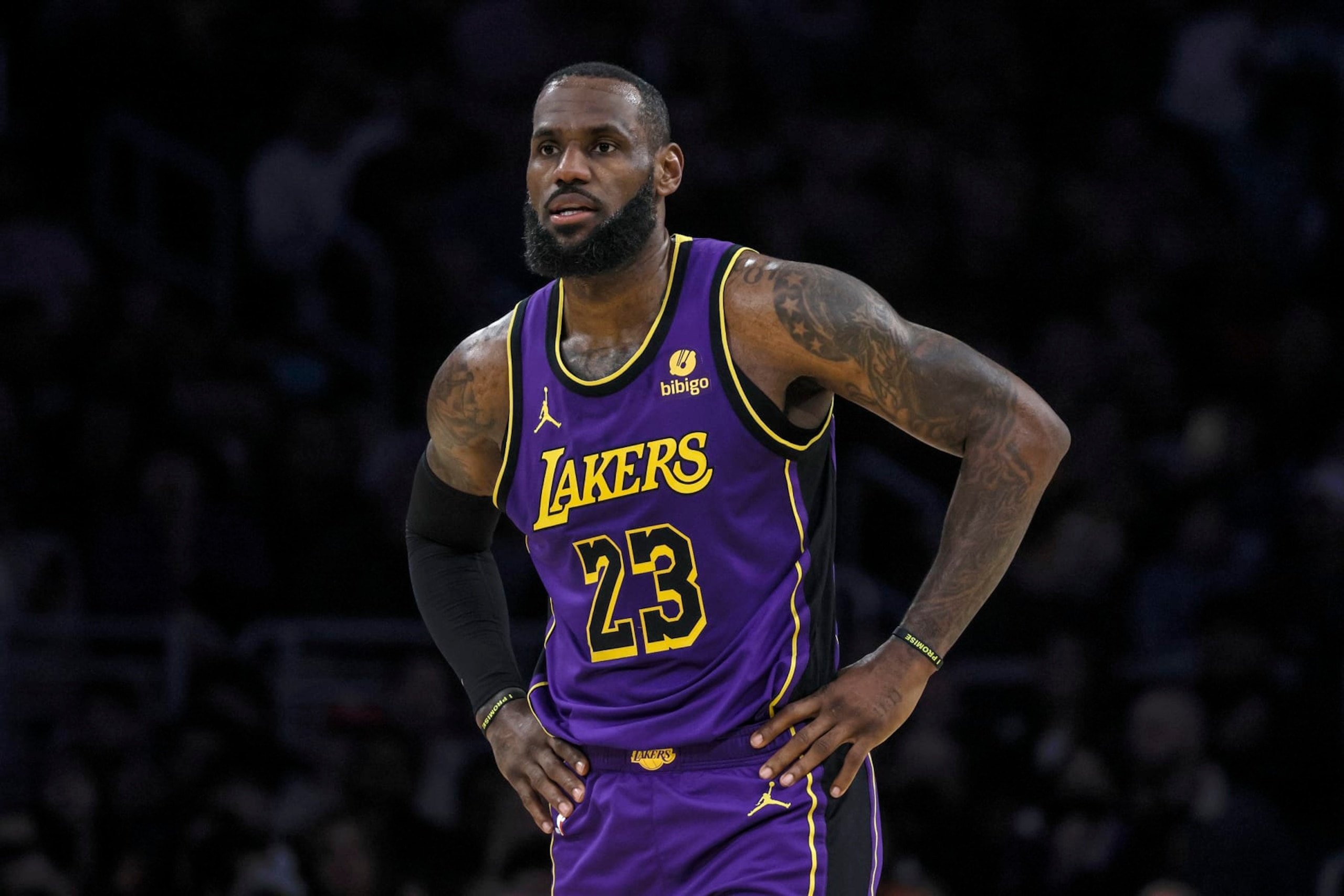 Los Angeles, CA, Thursday, January 11, 2024 - Los Angeles Lakers forward LeBron James (23) during a break in the action against the Phoenix Suns at Crypto.com Arena. (Robert Gauthier/Los Angeles Times via Getty Images)