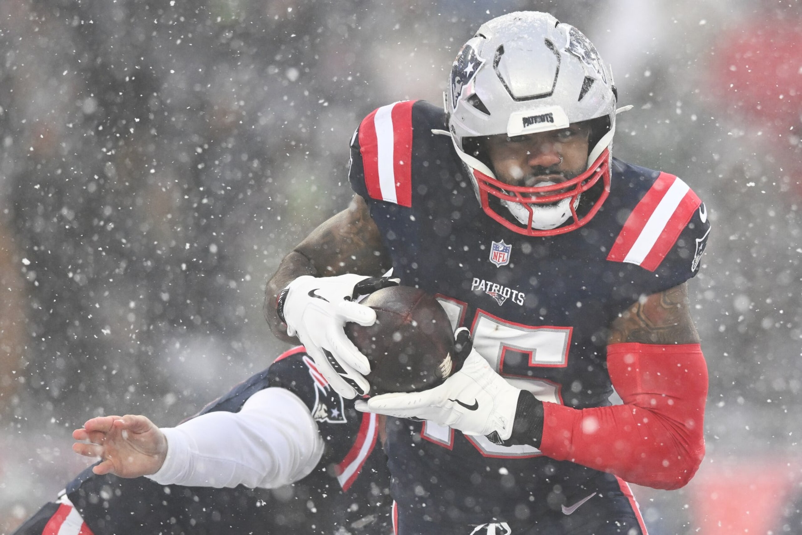 FOXBOROUGH, MA - JANUARY 7: Ezekiel Elliott #15 of the New England Patriots runs with the football during the second half against the New York Jets at Gillette Stadium on January 7, 2024 in Foxborough, Massachusetts. (Photo by Kathryn Riley/Getty Images) FOXBOROUGH, MA - JANUARY 7: Ezekiel Elliott #15 of the New England Patriots runs with the football during the second half against the New York Jets at Gillette Stadium on January 7, 2024 in Foxborough, Massachusetts. (Photo by Kathryn Riley/Getty Images)