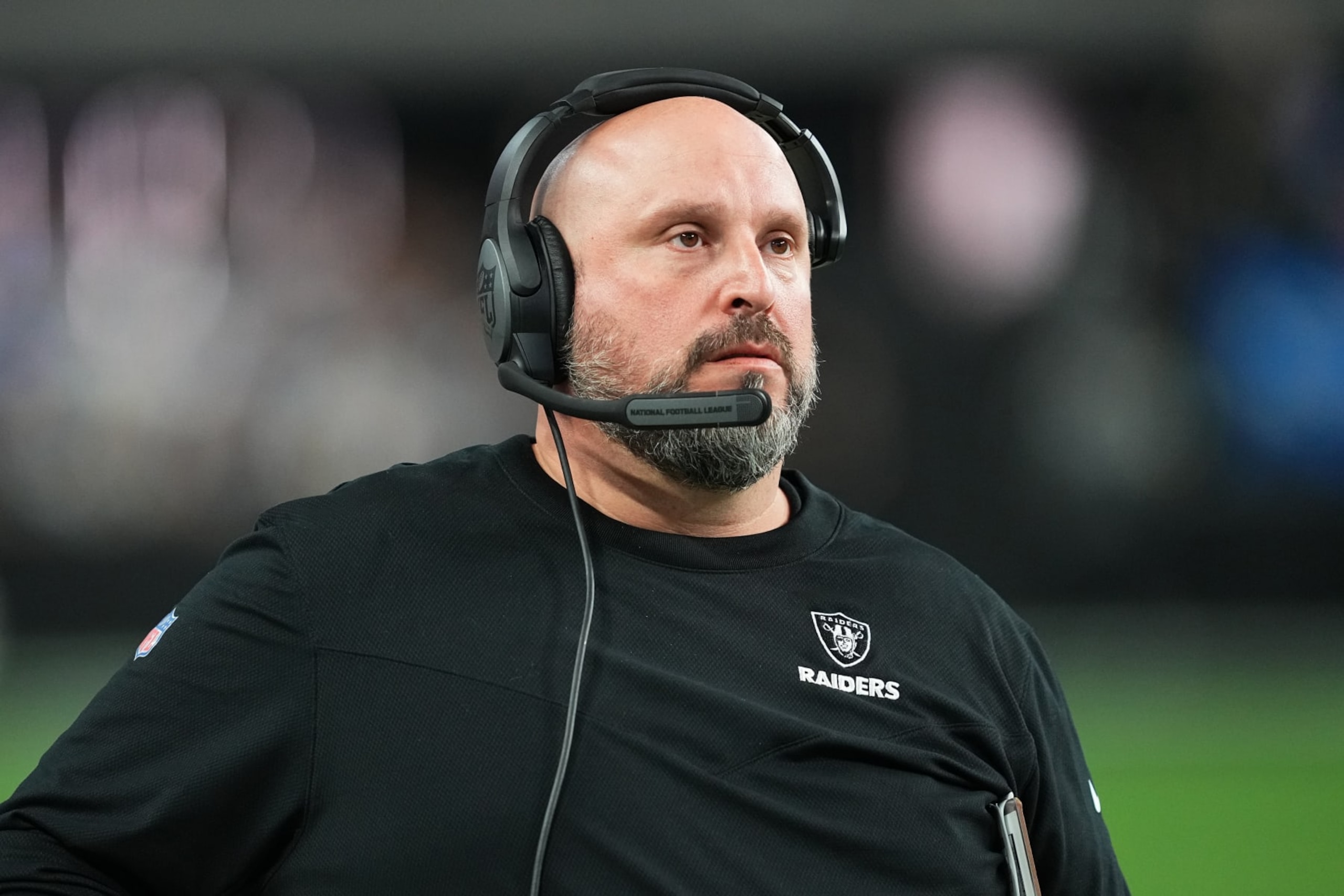 LAS VEGAS, NEVADA - DECEMBER 04: Offensive line coach Carmen Bricillo of the Las Vegas Raiders looks on in the second half of a game against the Los Angeles Chargers at Allegiant Stadium on December 04, 2022 in Las Vegas, Nevada. (Photo by Chris Unger/Getty Images) LAS VEGAS, NEVADA - DECEMBER 04: Offensive line coach Carmen Bricillo of the Las Vegas Raiders looks on in the second half of a game against the Los Angeles Chargers at Allegiant Stadium on December 04, 2022 in Las Vegas, Nevada. (Photo by Chris Unger/Getty Images)