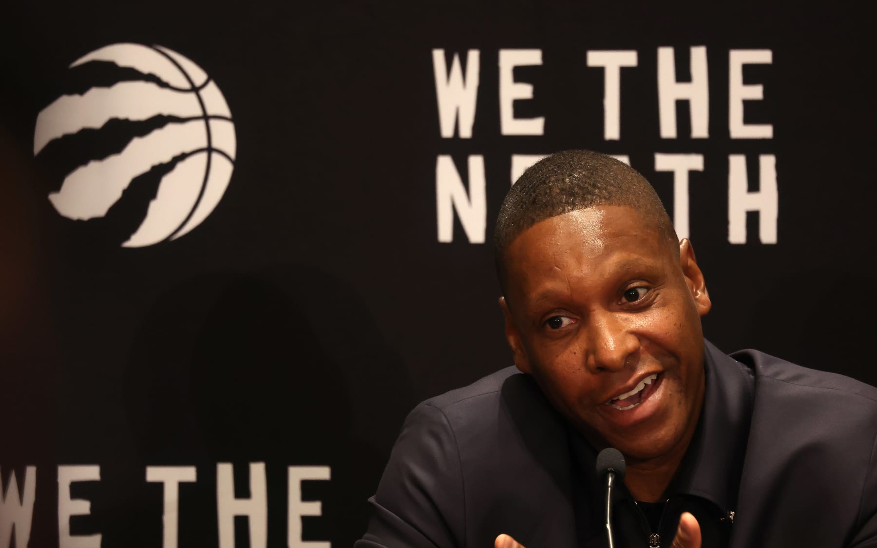 TORONTO, ON- OCTOBER 2  - Toronto Raptors president Masai Ujiri takes questions as the Toronto Raptors hold their media day ahead of the 2023-24 season at Hilton Toronto in Toronto. October 2, 2023.        (Steve Russell/Toronto Star via Getty Images)