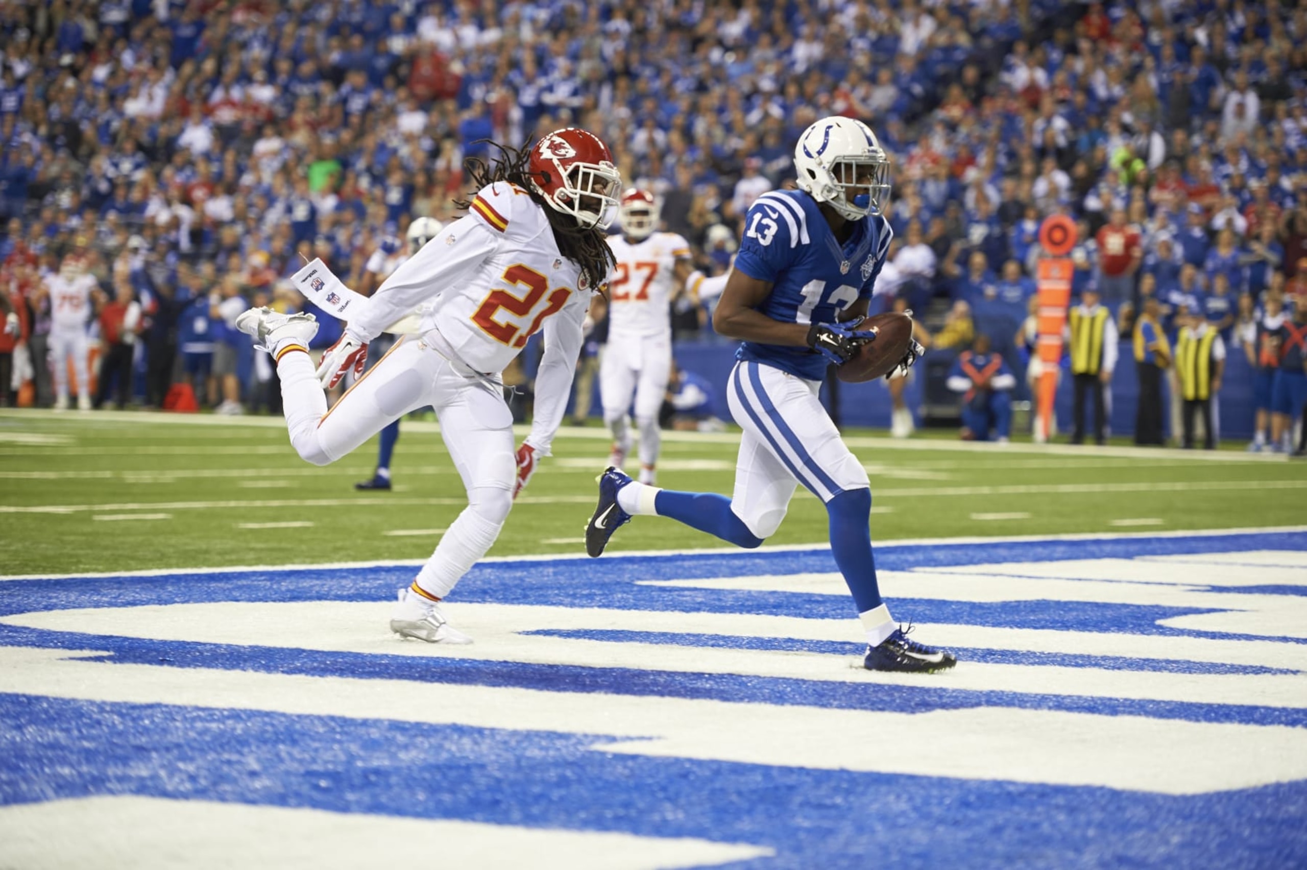 Football: AFC Playoffs: Indianapolis Colts T.Y. Hilton (13) in action, scoring touchdown vs Kansas City Chiefs Dunta Robinson (21) at Lucas Oil Stadium. 
Indianapolis, IN 1/4/2014
CREDIT: Andrew Hancock (Photo by Andrew Hancock /Sports Illustrated via Getty Images)
(Set Number: X157394 TK1 R3 F92 )