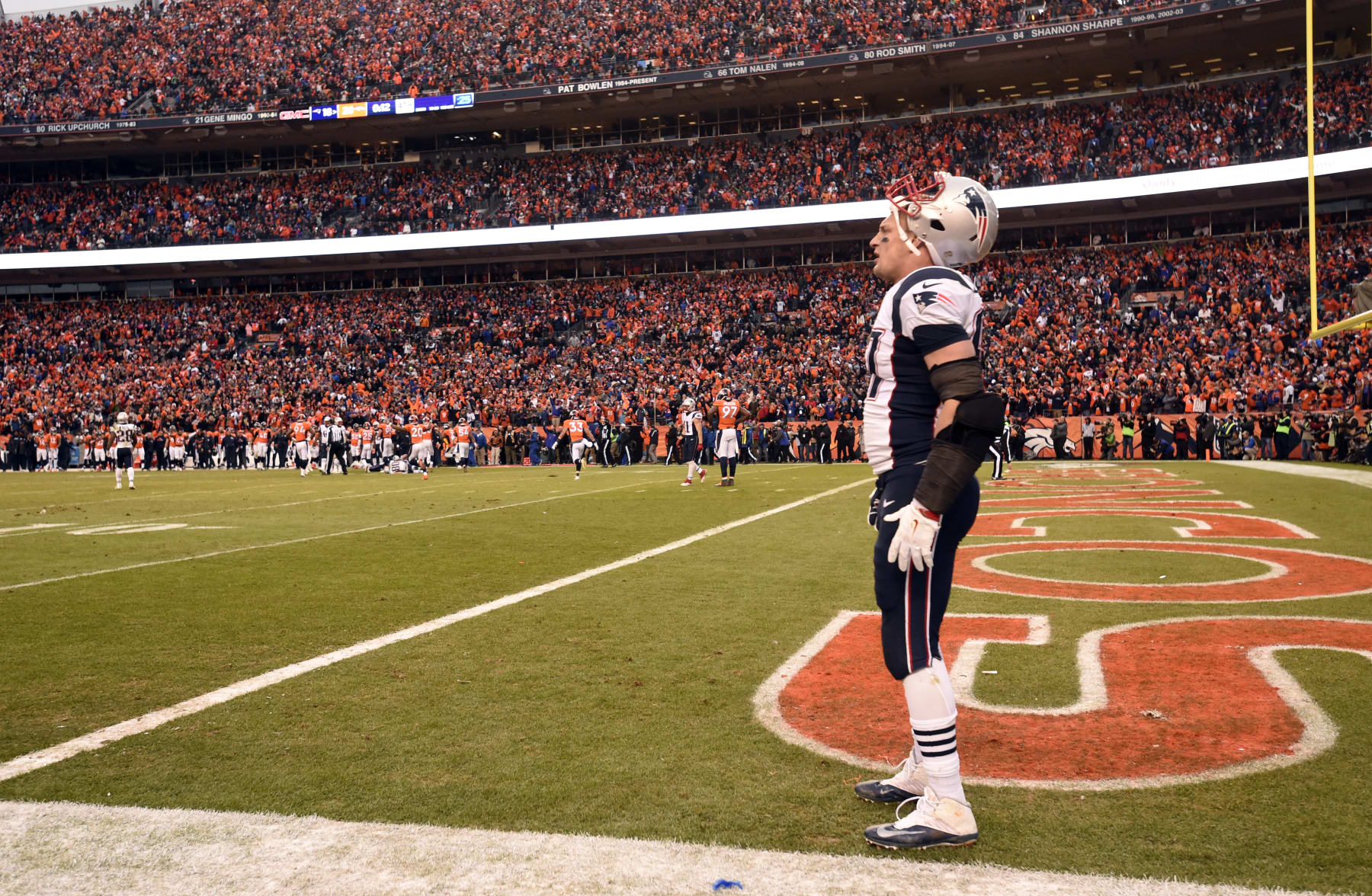 DENVER, CO - JANUARY 24: Tight end Rob Gronkowski (87) of the New England Patriots stands in the end zone as the end of the fourth quarter winds down.  The Broncos defeated the Patriots 20 to 18.  The Denver Broncos played the New England Patriots in the AFC championship game at Sports Authority Field at Mile High in Denver, CO on January 24, 2016. (Photo by John Leyba/The Denver Post via Getty Images)