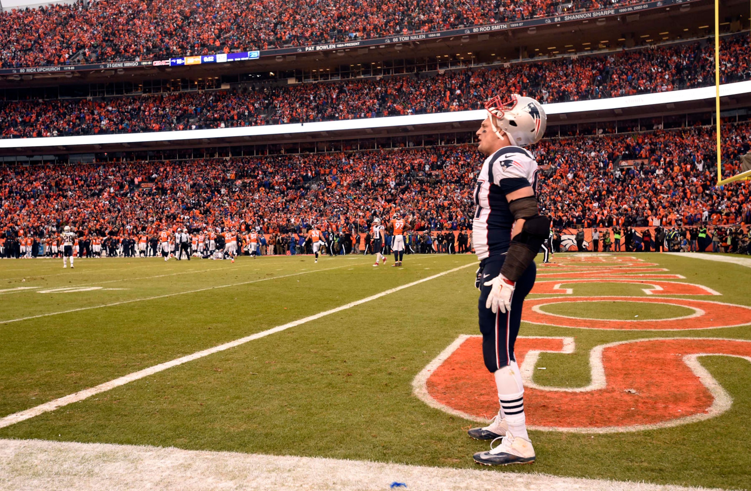 DENVER, CO - JANUARY 24: Tight end Rob Gronkowski (87) of the New England Patriots stands in the end zone as the end of the fourth quarter winds down.  The Broncos defeated the Patriots 20 to 18.  The Denver Broncos played the New England Patriots in the AFC championship game at Sports Authority Field at Mile High in Denver, CO on January 24, 2016. (Photo by John Leyba/The Denver Post via Getty Images)