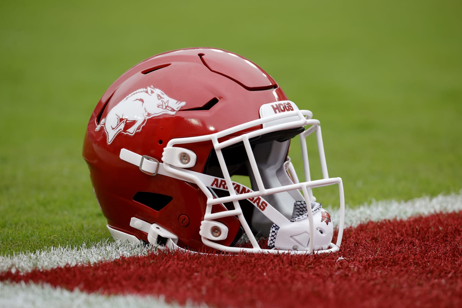 TUSCALOOSA, ALABAMA - OCTOBER 14: An Arkansas Razorbacks helmet sits on the field before a game against the Alabama Crimson Tide at Bryant-Denny Stadium on October 14, 2023 in Tuscaloosa, Alabama. (Photo by Alex Slitz/Getty Images)