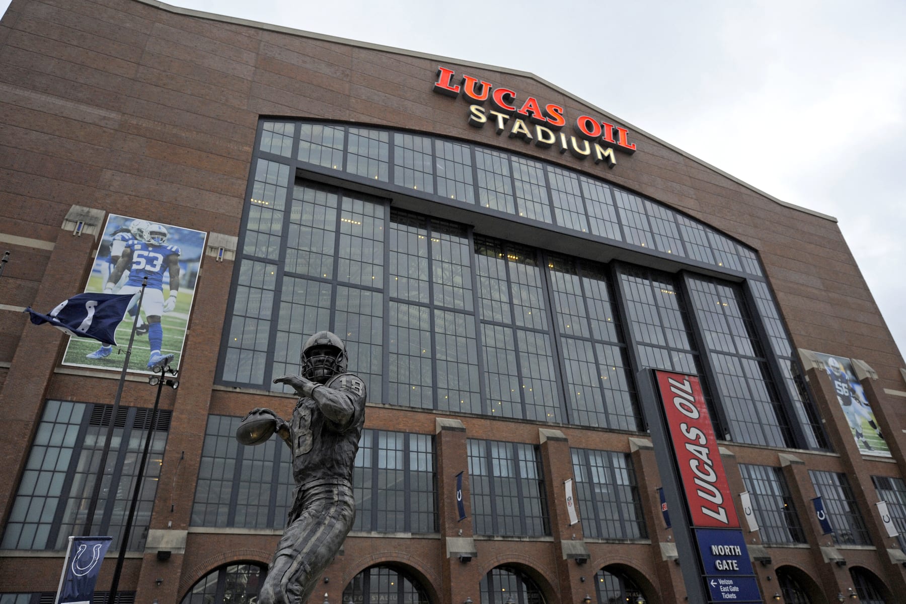 INDIANAPOLIS, IN - DECEMBER 18: A statue of Peyton Manning stands outside of the stadium before the start of the NFL football game between the New England Patriots and the Indianapolis Colts on December 18, 2021, at Lucas Oil Stadium in Indianapolis, Indiana. (Photo by Michael Allio/Icon Sportswire via Getty Images)