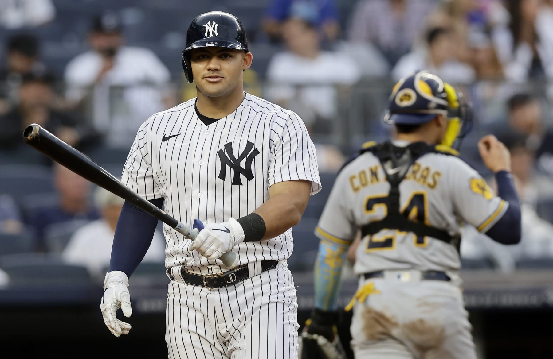 NEW YORK, NEW YORK - SEPTEMBER 09:  Jasson Dominguez #89 of the New York Yankees strikes out to end the seventh inning against the Milwaukee Brewers at Yankee Stadium on September 9, 2023 in the Bronx borough of New York City. (Photo by Jim McIsaac/Getty Images)