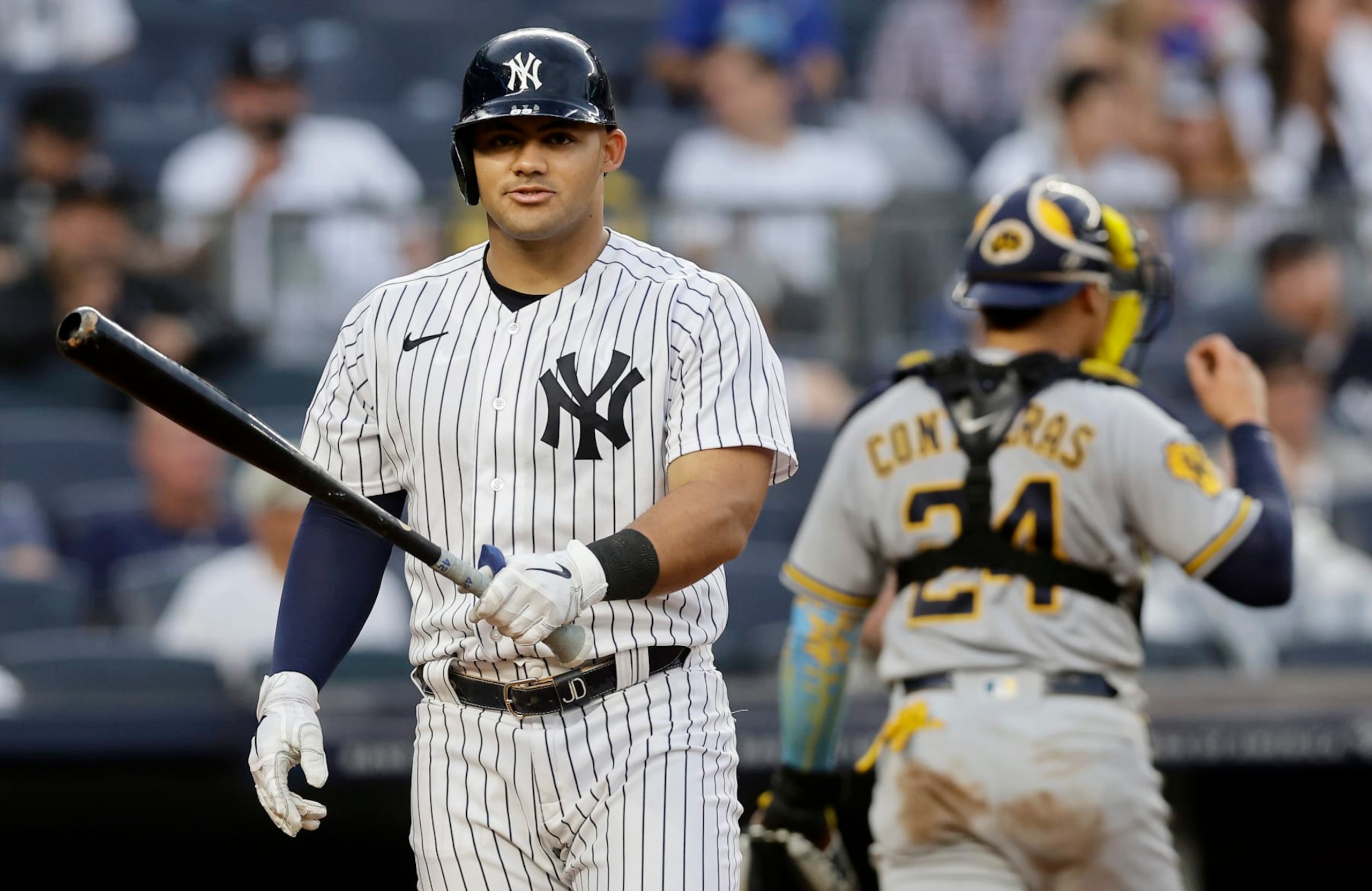 NEW YORK, NEW YORK - SEPTEMBER 09:  Jasson Dominguez #89 of the New York Yankees strikes out to end the seventh inning against the Milwaukee Brewers at Yankee Stadium on September 9, 2023 in the Bronx borough of New York City. (Photo by Jim McIsaac/Getty Images)