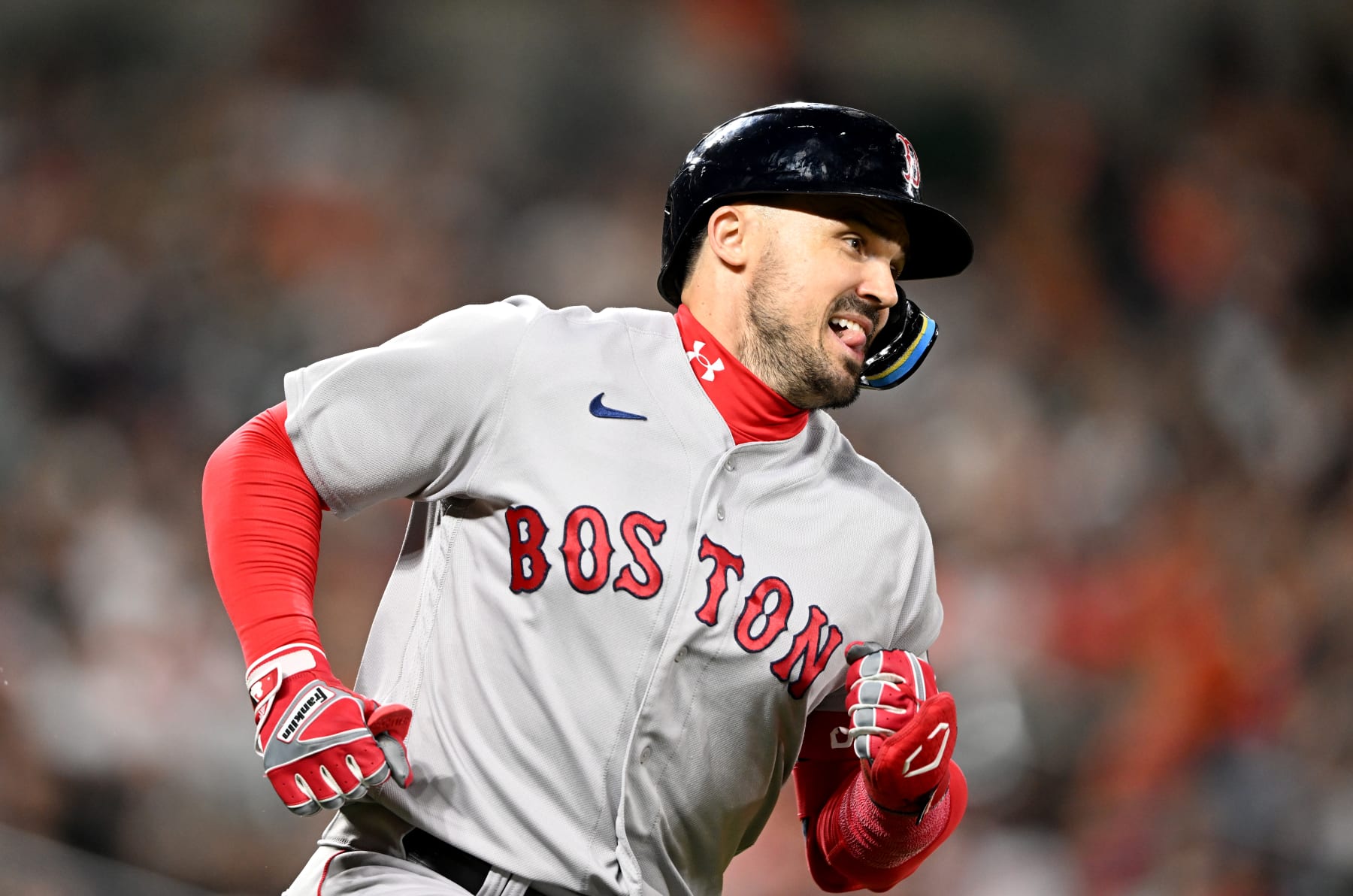 BALTIMORE, MARYLAND - SEPTEMBER 29: Adam Duvall #18 of the Boston Red Sox runs to first base against the Baltimore Orioles at Oriole Park at Camden Yards on September 29, 2023 in Baltimore, Maryland. (Photo by G Fiume/Getty Images)