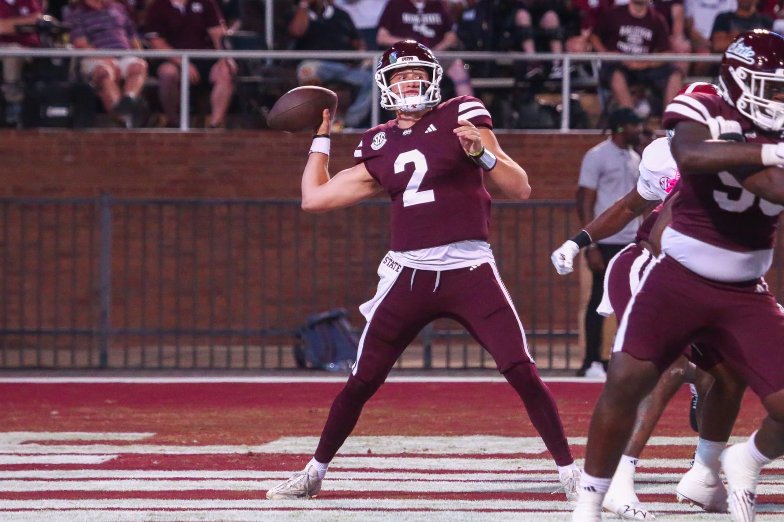 STARKVILLE, MS - SEPTEMBER 30: Mississippi State Bulldogs quarterback Will Rogers (2) passes during the game between the Mississippi State Bulldogs and the Alabama Crimson Tide on September 30, 2023 at Davis Wade Stadium at Scott Field in Starkville, MS. (Photo by Chris McDill/Icon Sportswire via Getty Images)
