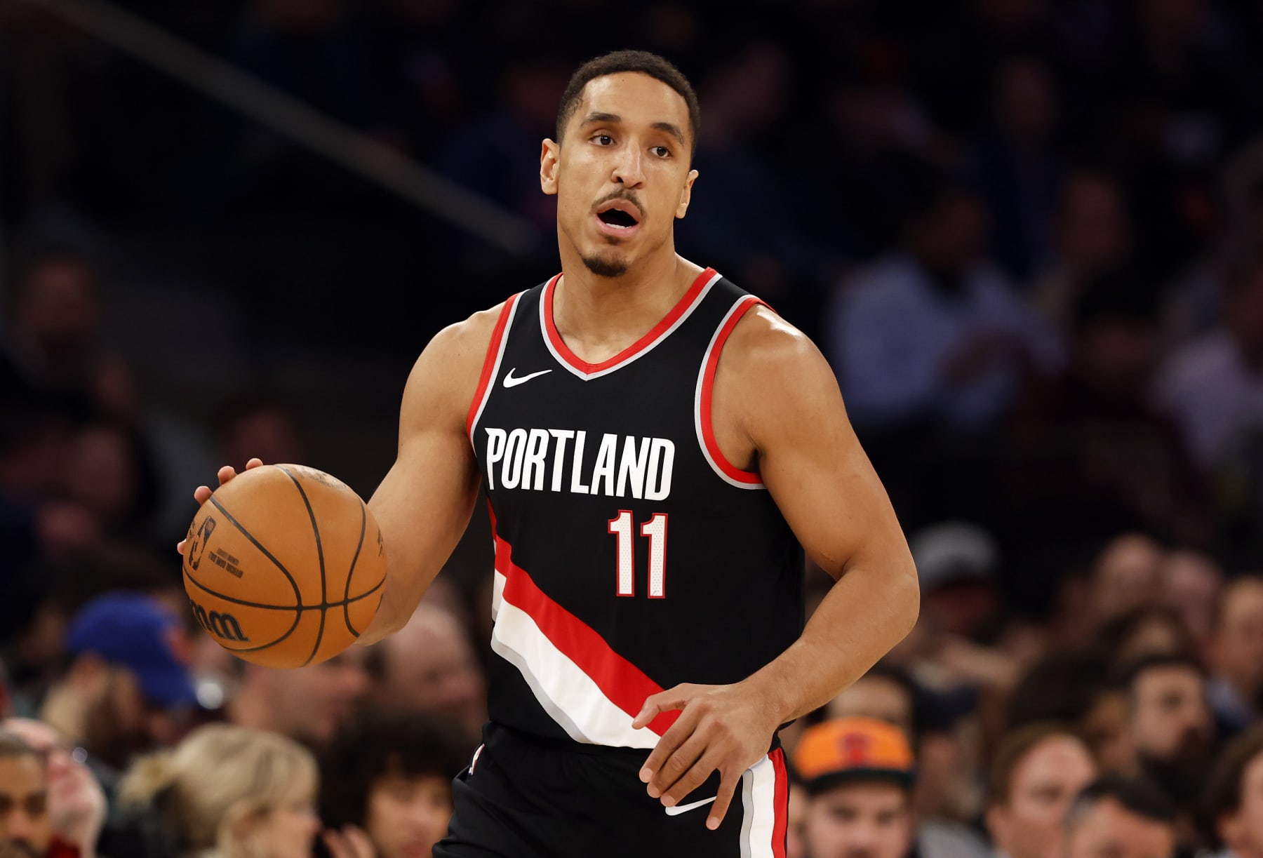 NEW YORK, NEW YORK - JANUARY 09: Malcolm Brogdon #11 of the Portland Trail Blazers dribbles during the first half against the New York Knicks at Madison Square Garden on January 09, 2024 in New York City. NOTE TO USER: User expressly acknowledges and agrees that, by downloading and/or using this Photograph, user is consenting to the terms and conditions of the Getty Images License Agreement. (Photo by Sarah Stier/Getty Images)