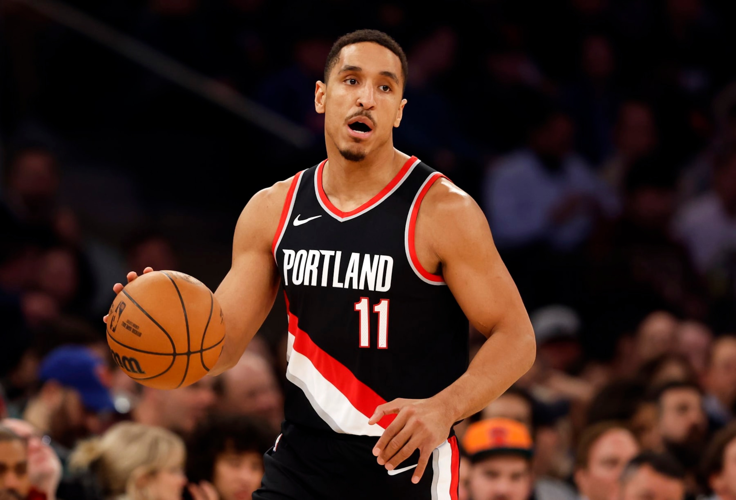 NEW YORK, NEW YORK - JANUARY 09: Malcolm Brogdon #11 of the Portland Trail Blazers dribbles during the first half against the New York Knicks at Madison Square Garden on January 09, 2024 in New York City. NOTE TO USER: User expressly acknowledges and agrees that, by downloading and/or using this Photograph, user is consenting to the terms and conditions of the Getty Images License Agreement. (Photo by Sarah Stier/Getty Images) NEW YORK, NEW YORK - JANUARY 09: Malcolm Brogdon #11 of the Portland Trail Blazers dribbles during the first half against the New York Knicks at Madison Square Garden on January 09, 2024 in New York City. NOTE TO USER: User expressly acknowledges and agrees that, by downloading and/or using this Photograph, user is consenting to the terms and conditions of the Getty Images License Agreement. (Photo by Sarah Stier/Getty Images)
