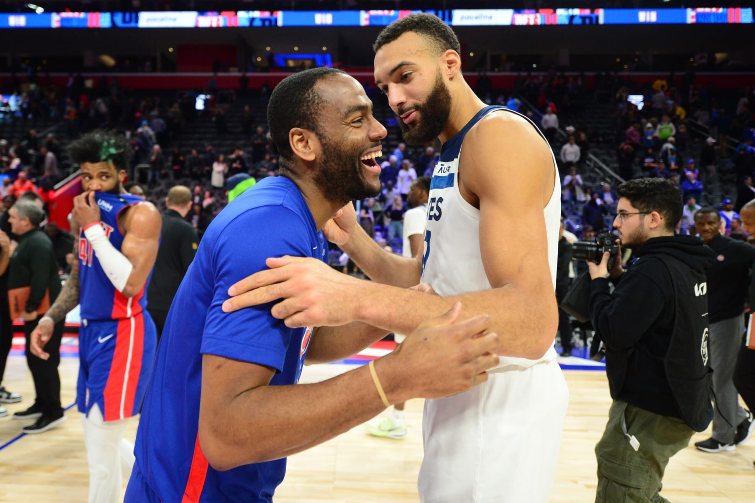 DETROIT, MI - JANUARY 11: Alec Burks #5 of the Detroit Pistons and Rudy Gobert #27 of the Minnesota Timberwolves after the game on January 11, 2023 at Little Caesars Arena in Detroit, Michigan. NOTE TO USER: User expressly acknowledges and agrees that, by downloading and/or using this photograph, User is consenting to the terms and conditions of the Getty Images License Agreement. Mandatory Copyright Notice: Copyright 2023 NBAE (Photo by Chris Schwegler/NBAE via Getty Images) DETROIT, MI - JANUARY 11: Alec Burks #5 of the Detroit Pistons and Rudy Gobert #27 of the Minnesota Timberwolves after the game on January 11, 2023 at Little Caesars Arena in Detroit, Michigan. NOTE TO USER: User expressly acknowledges and agrees that, by downloading and/or using this photograph, User is consenting to the terms and conditions of the Getty Images License Agreement. Mandatory Copyright Notice: Copyright 2023 NBAE (Photo by Chris Schwegler/NBAE via Getty Images)
