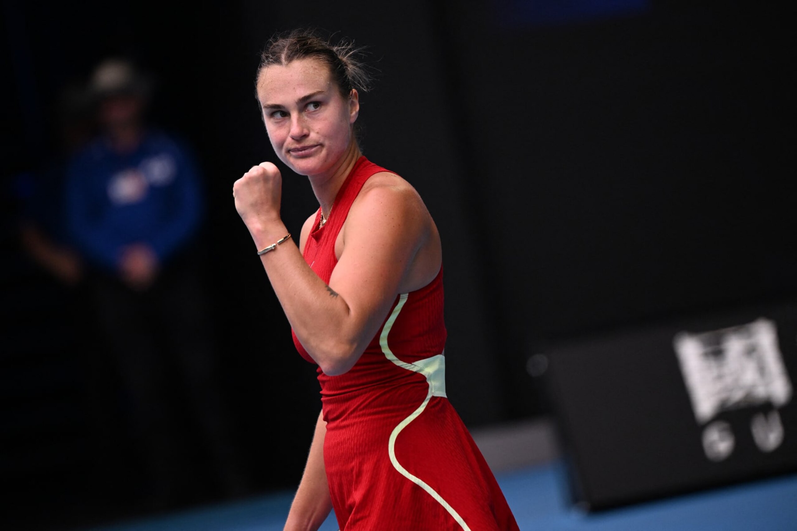 Belarus' Aryna Sabalenka celebrates after victory against Ukraine's Lesia Tsurenko during their women's singles match on day six of the Australian Open tennis tournament in Melbourne on January 19, 2024. (Photo by WILLIAM WEST / AFP) / -- IMAGE RESTRICTED TO EDITORIAL USE - STRICTLY NO COMMERCIAL USE -- (Photo by WILLIAM WEST/AFP via Getty Images)