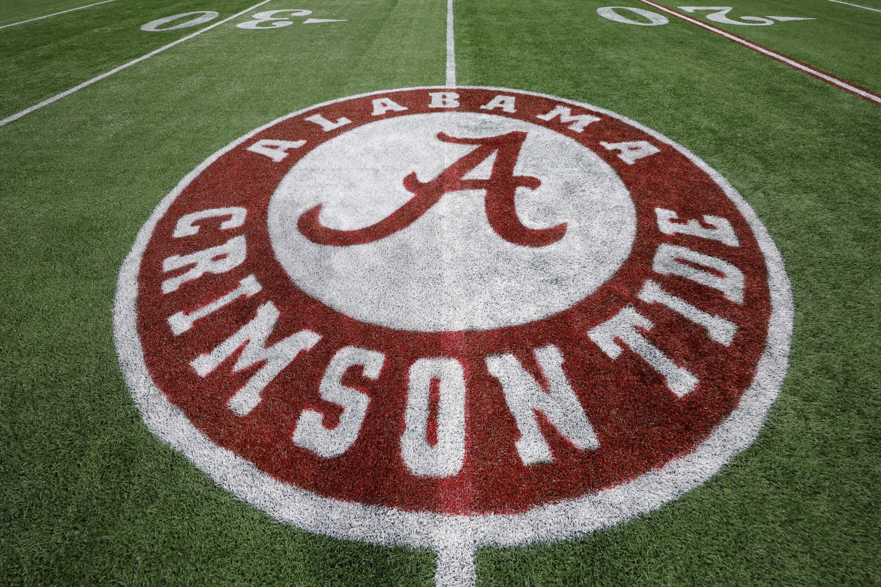 ATLANTA, GEORGIA - DECEMBER 2: A general view of an Alabama logo painted on the field prior to the SEC Championship game between the Alabama Crimson Tide and the Georgia Bulldogs at Mercedes-Benz Stadium on December 2, 2023 in Atlanta, Georgia. (Photo by Todd Kirkland/Getty Images)