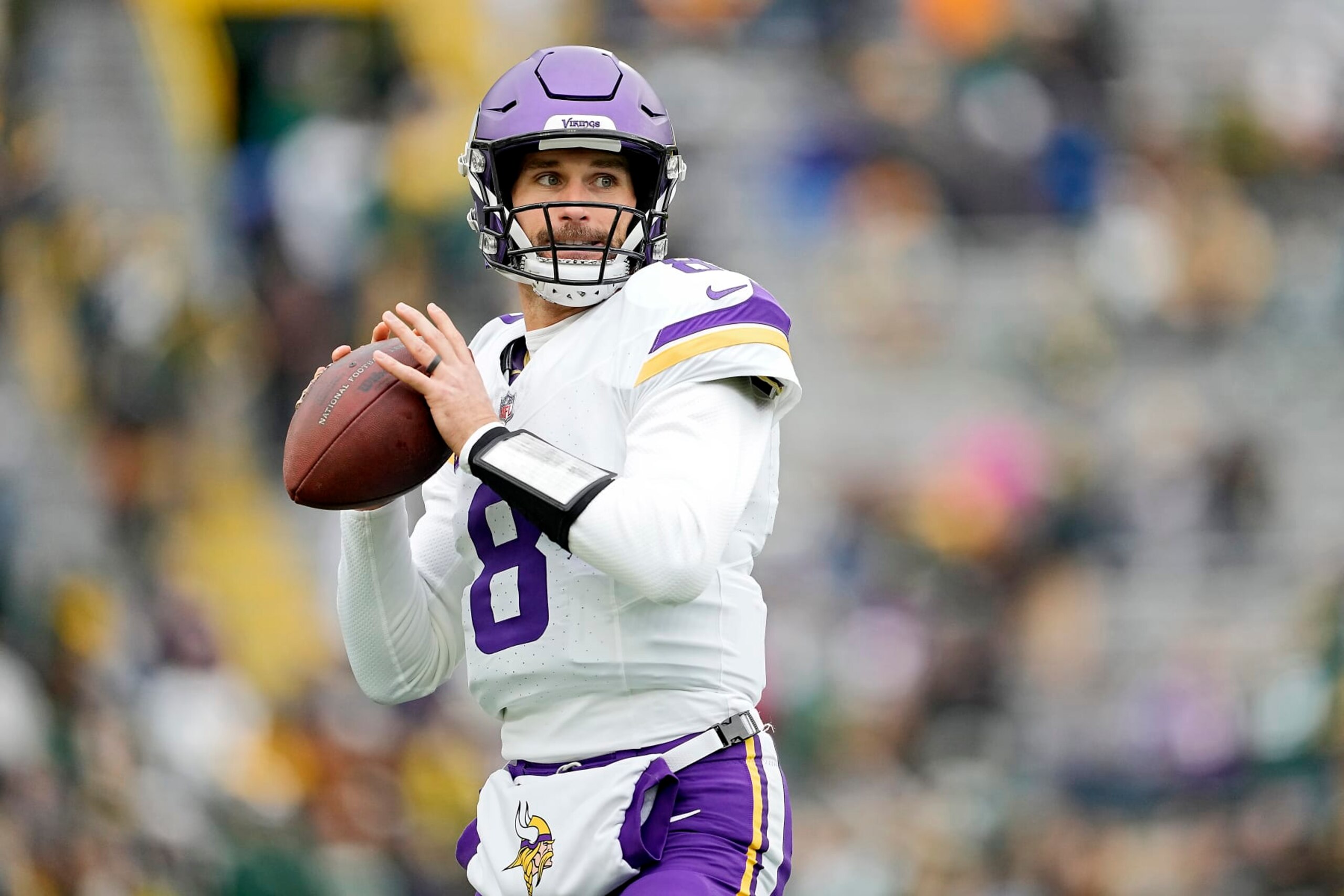 GREEN BAY, WISCONSIN - OCTOBER 29: Kirk Cousins #8 of the Minnesota Vikings warms up prior to a game against the Green Bay Packers at Lambeau Field on October 29, 2023 in Green Bay, Wisconsin. (Photo by Patrick McDermott/Getty Images) GREEN BAY, WISCONSIN - OCTOBER 29: Kirk Cousins #8 of the Minnesota Vikings warms up prior to a game against the Green Bay Packers at Lambeau Field on October 29, 2023 in Green Bay, Wisconsin. (Photo by Patrick McDermott/Getty Images)