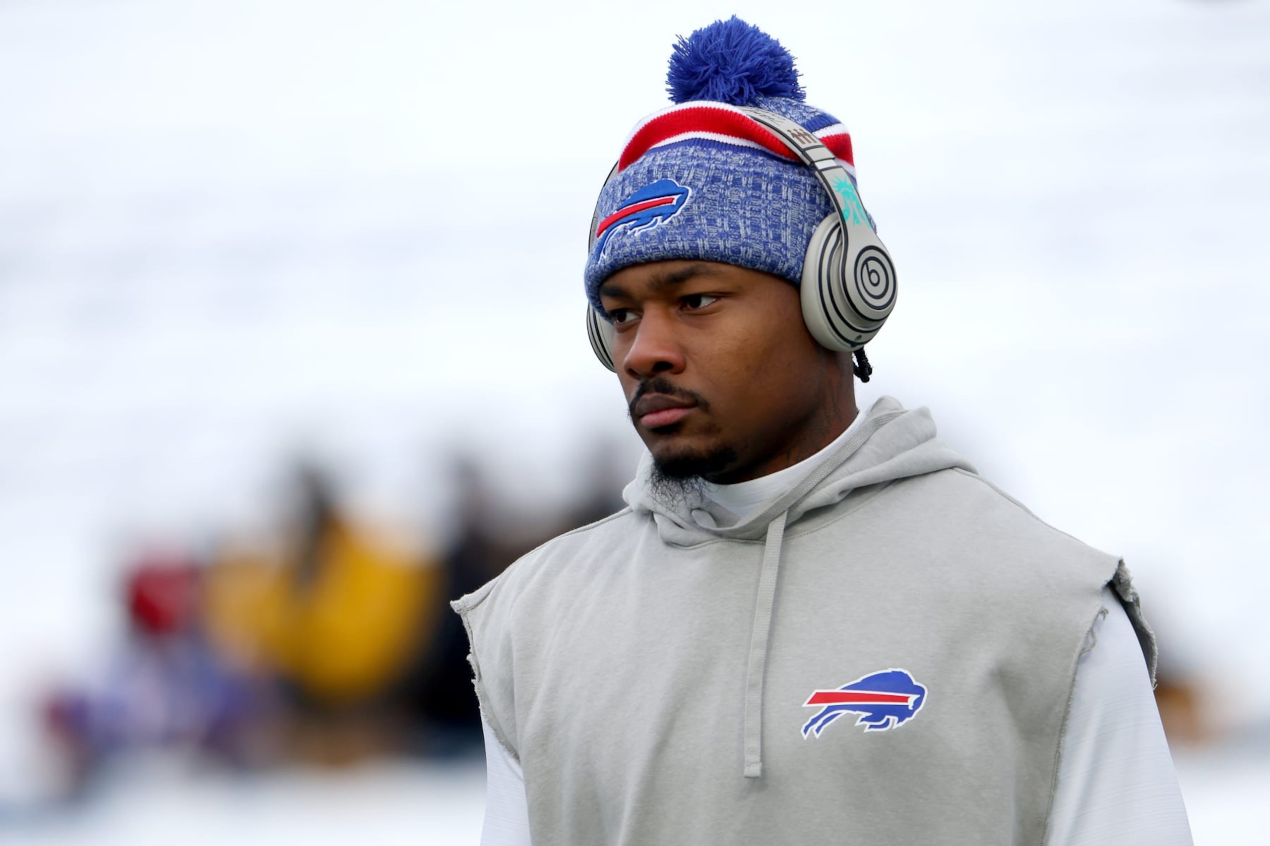 ORCHARD PARK, NEW YORK - JANUARY 15: Stefon Diggs #14 of the Buffalo Bills warms up before the game against the Pittsburgh Steelers at Highmark Stadium on January 15, 2024 in Orchard Park, New York. (Photo by Timothy T Ludwig/Getty Images)