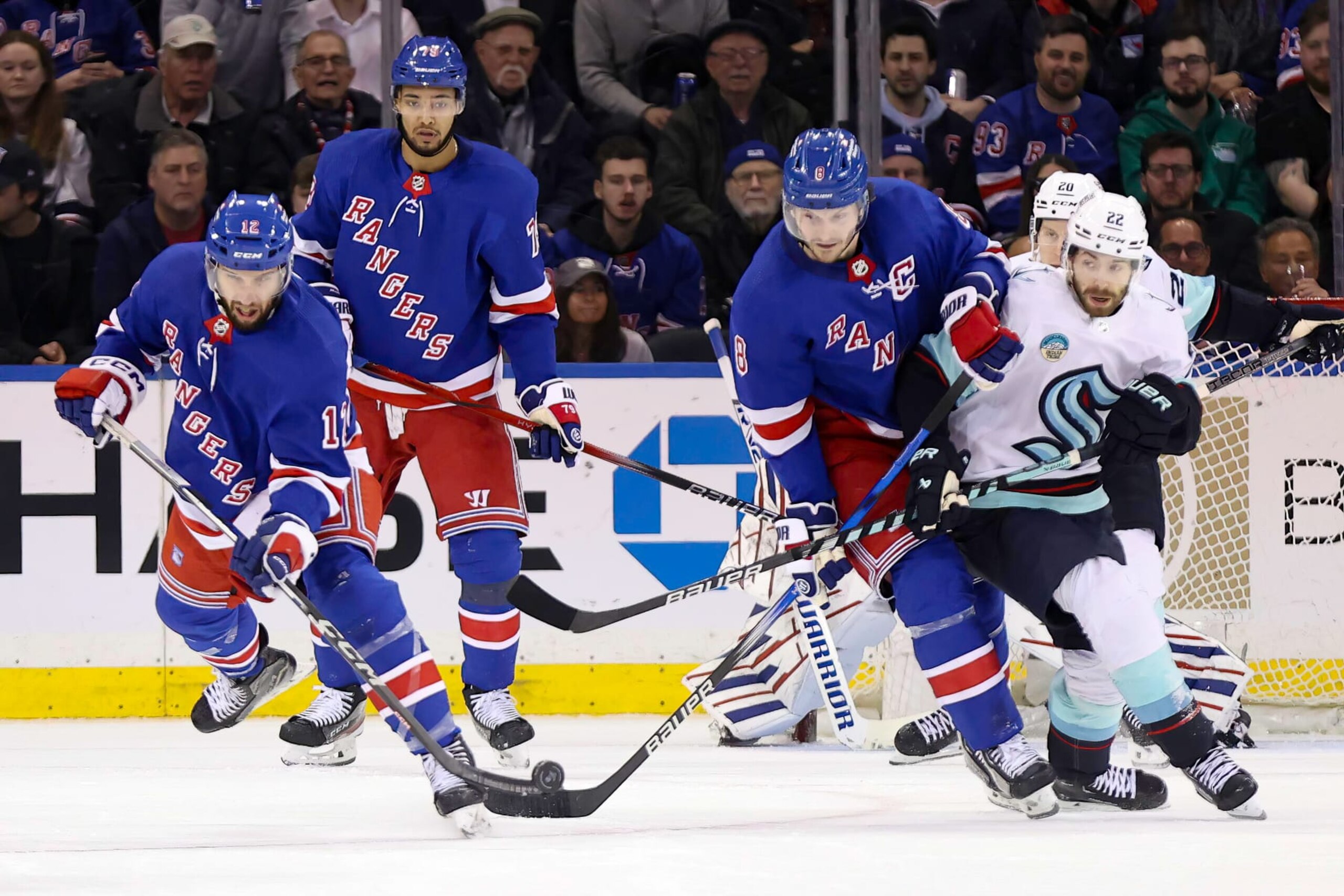 NEW YORK, NY - JANUARY 16: New York Rangers Right Wing Blake Wheeler (17) clears the zone during the third period of the National Hockey League game between the Seattle Kraken and the New York Rangers on January 16, 2024 at Madison Square Garden in New York, NY. (Photo by Joshua Sarner/Icon Sportswire via Getty Images)