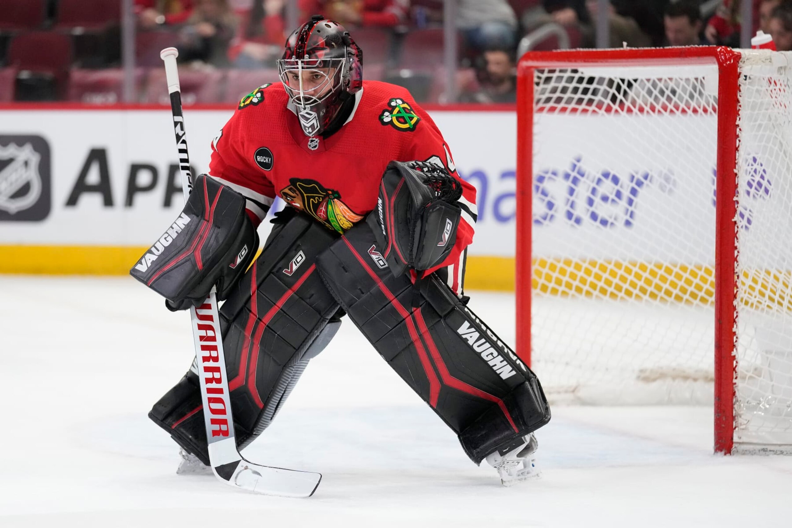 CHICAGO, ILLINOIS - JANUARY 16: Petr Mrazek #34 of the Chicago Blackhawks tends the net during the first period against the San Jose Sharks at the United Center on January 16, 2024 in Chicago, Illinois. (Photo by Patrick McDermott/Getty Images)