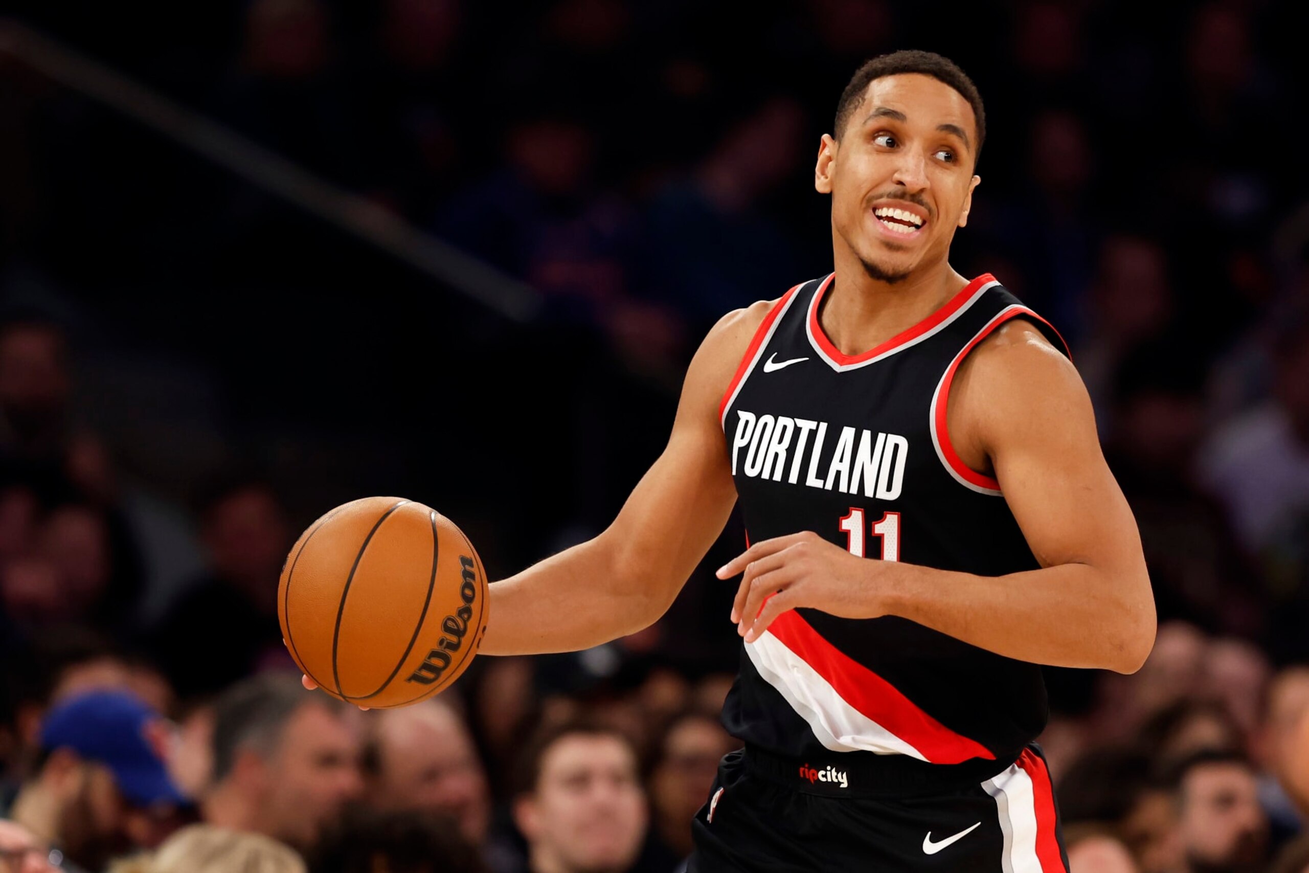 NEW YORK, NEW YORK - JANUARY 09: Malcolm Brogdon #11 of the Portland Trail Blazers dribbles during the first half against the New York Knicks at Madison Square Garden on January 09, 2024 in New York City. NOTE TO USER: User expressly acknowledges and agrees that, by downloading and/or using this Photograph, user is consenting to the terms and conditions of the Getty Images License Agreement. (Photo by Sarah Stier/Getty Images)