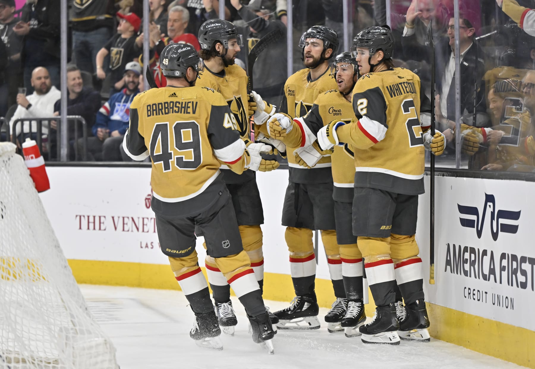LAS VEGAS, NEVADA - JANUARY 18: Jonathan Marchessault #81 of the Vegas Golden Knights celebrates with teammates after a goal during the first period against the New York Rangers at T-Mobile Arena on January 18, 2024 in Las Vegas, Nevada. (Photo by David Becker/NHLI via Getty Images)