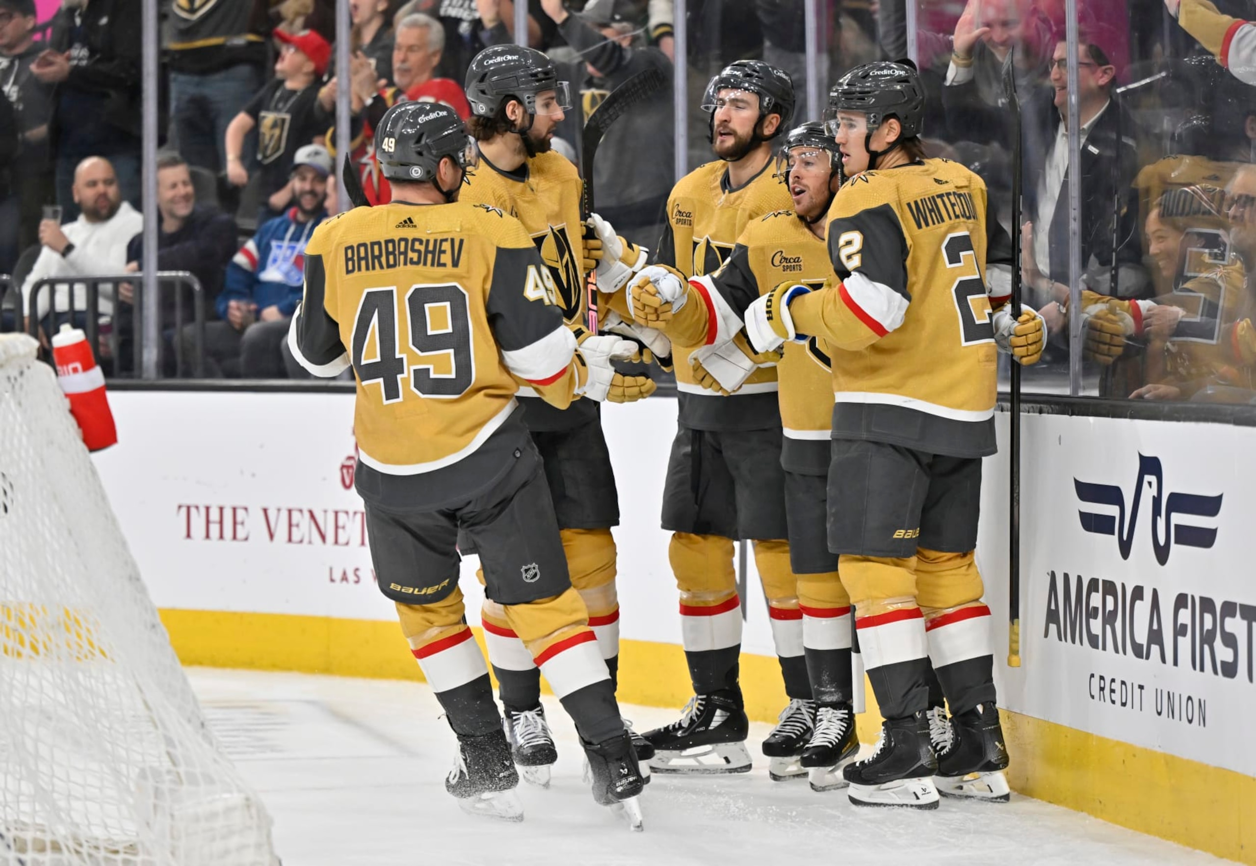 LAS VEGAS, NEVADA - JANUARY 18: Jonathan Marchessault #81 of the Vegas Golden Knights celebrates with teammates after a goal during the first period against the New York Rangers at T-Mobile Arena on January 18, 2024 in Las Vegas, Nevada. (Photo by David Becker/NHLI via Getty Images)
