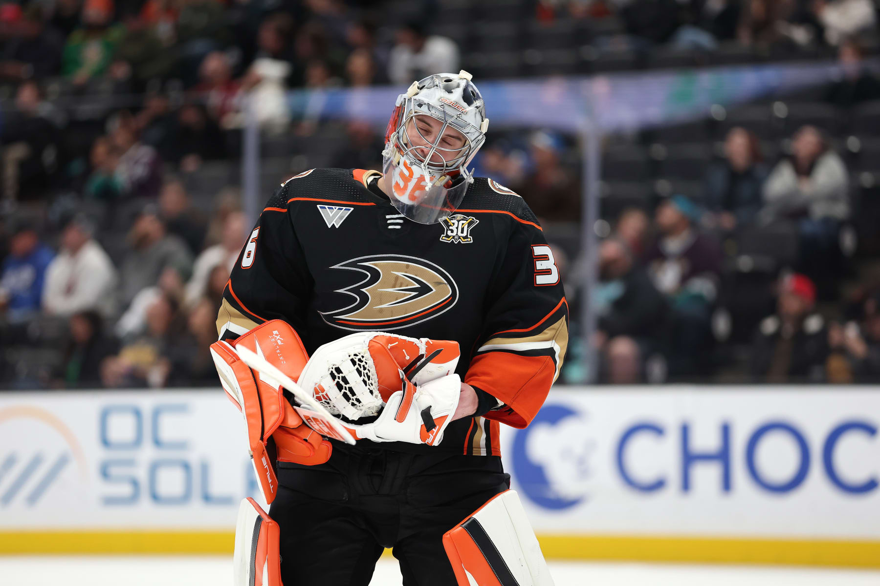 ANAHEIM, CALIFORNIA - JANUARY 05: John Gibson #36 of the Anaheim Ducks looks on during the third period of a game against the Anaheim Ducks at Honda Center on January 05, 2024 in Anaheim, California. (Photo by Sean M. Haffey/Getty Images)