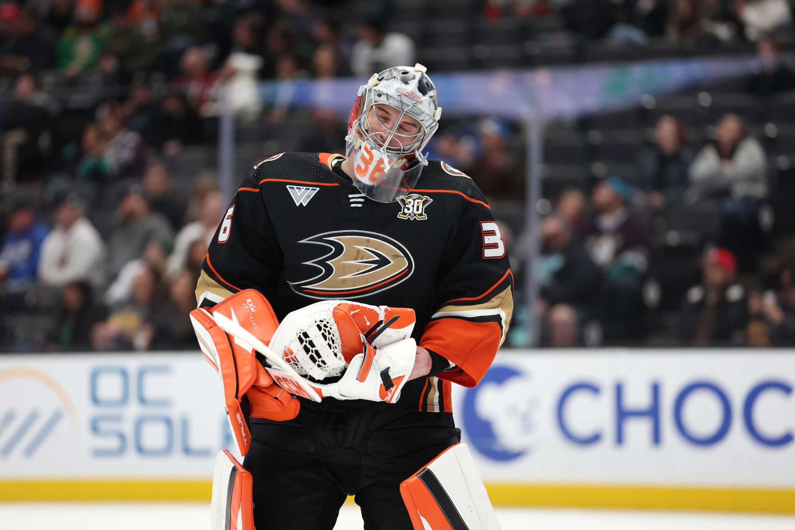 ANAHEIM, CALIFORNIA - JANUARY 05: John Gibson #36 of the Anaheim Ducks looks on during the third period of a game against the Anaheim Ducks at Honda Center on January 05, 2024 in Anaheim, California. (Photo by Sean M. Haffey/Getty Images)