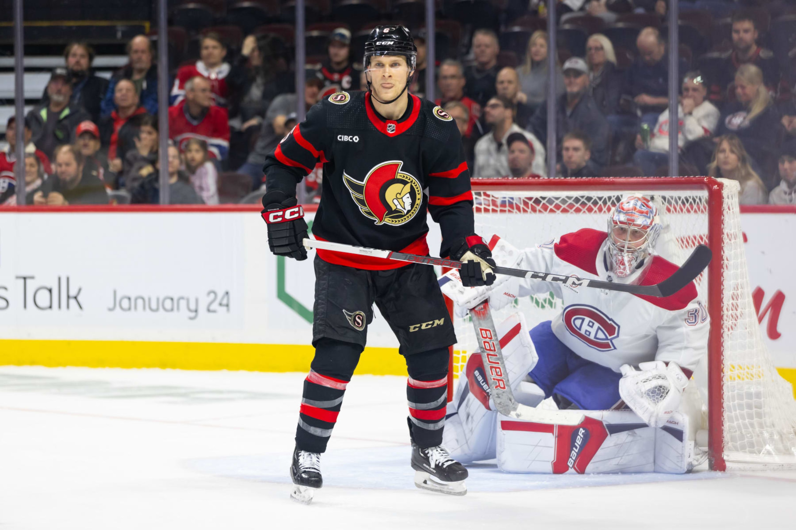 OTTAWA, ON - JANUARY 18: Ottawa Senators Defenceman Jakob Chychrun (6) sets up in front of Montreal Canadiens Goalie Cayden Primeau (30) during third period National Hockey League action between the Montreal Canadiens and Ottawa Senators on January 18, 2024, at Canadian Tire Centre in Ottawa, ON, Canada. (Photo by Richard A. Whittaker/Icon Sportswire via Getty Images)