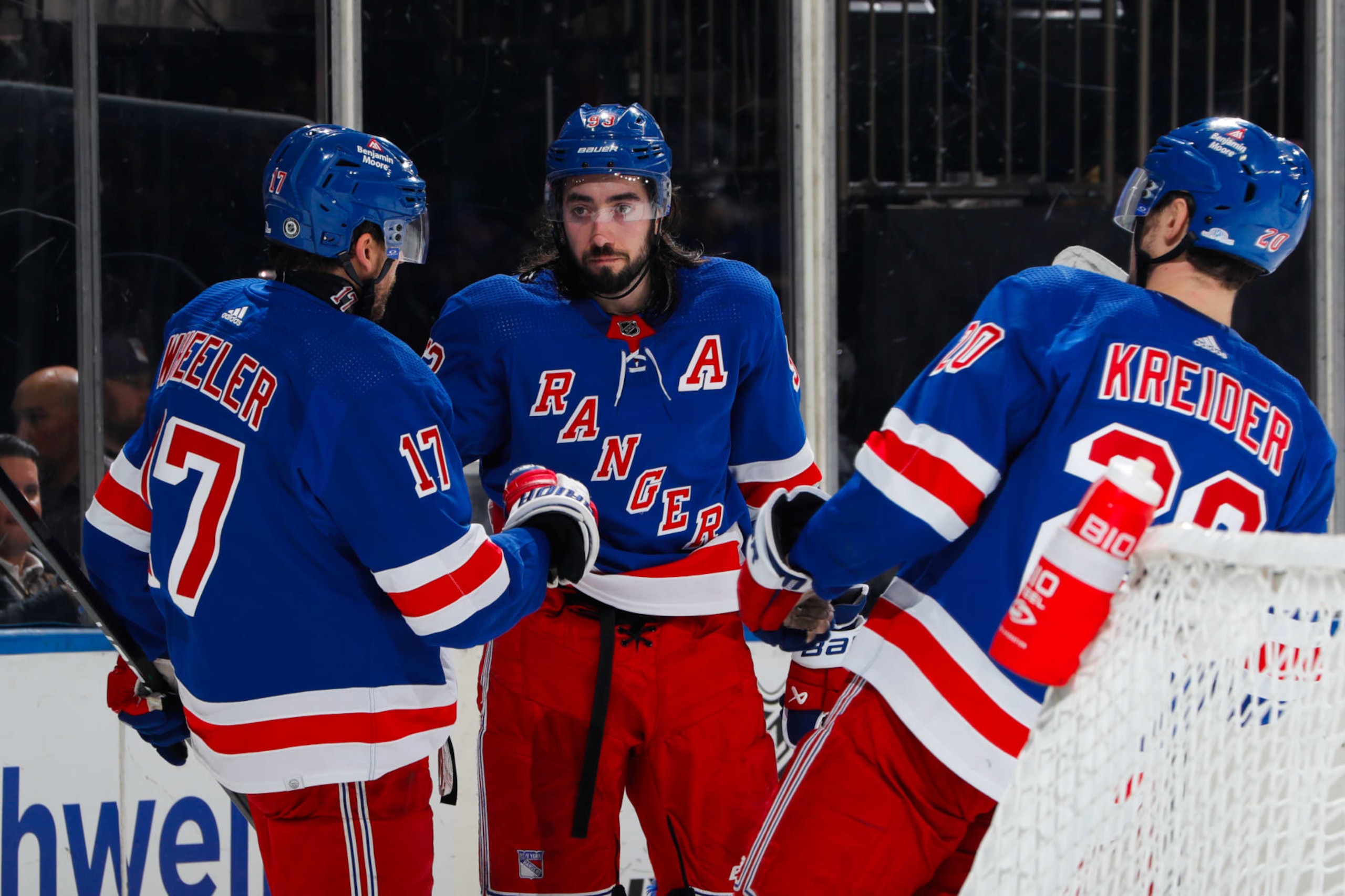 NEW YORK, NEW YORK - JANUARY 16:  Blake Wheeler #17 of the New York Rangers celebrates with teammates  after scoring a goal in the third period against the Seattle Kraken at Madison Square Garden on January 16, 2024 in New York City. (Photo by Jared Silber/NHLI via Getty Images)