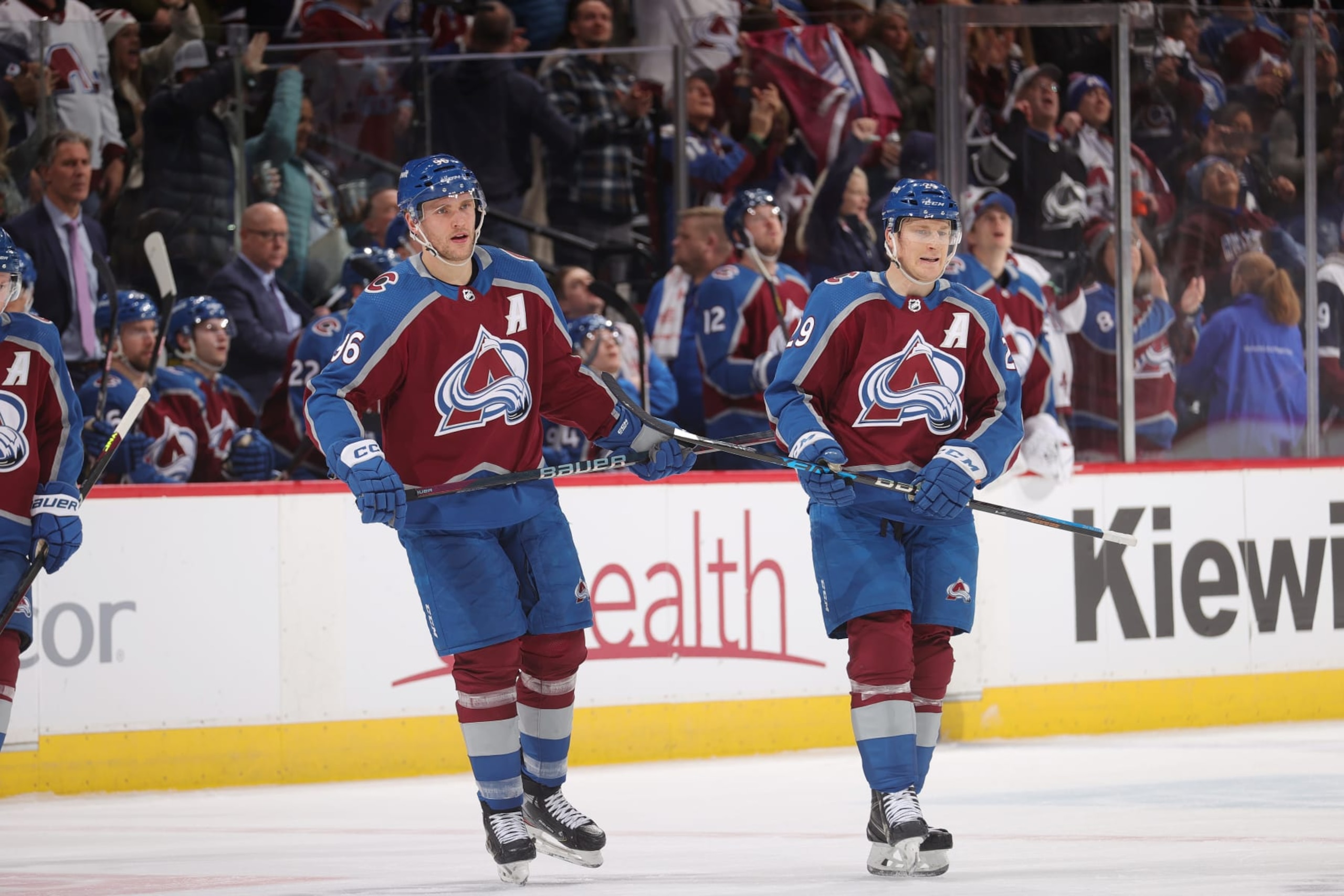 DENVER, COLORADO - JANUARY 10: Mikko Rantanen #96 and Nathan MacKinnon #29 of the Colorado Avalanche skates against the Vegas Golden Knights at Ball Arena on January 10, 2024 in Denver, Colorado. (Photo by Michael Martin/NHLI via Getty Images)