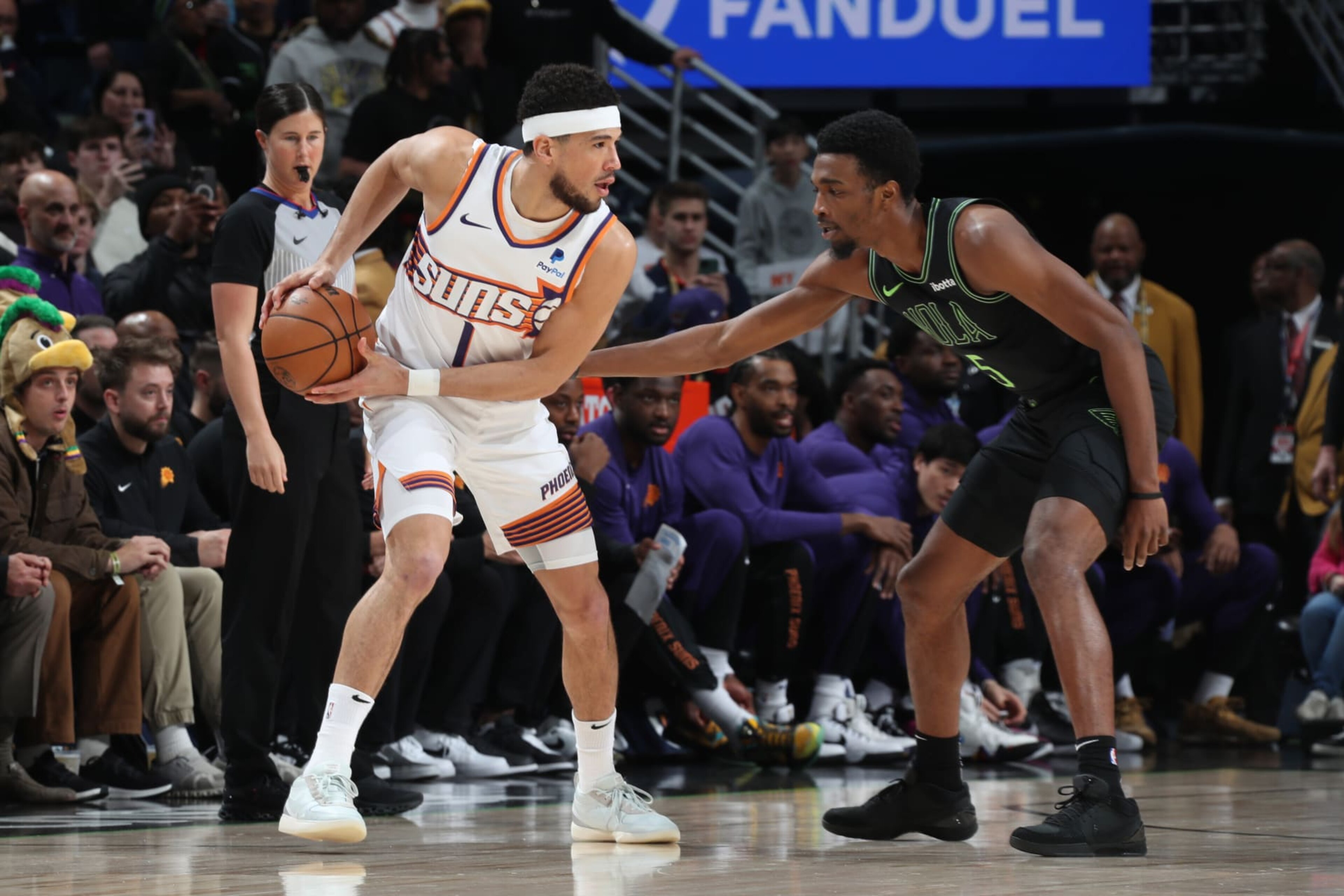NEW ORLEANS, LA - JANUARY 19: Devin Booker #1 of the Phoenix Suns handles the ball during the game against the New Orleans Pelicans on January 19, 2024 at the Smoothie King Center in New Orleans, Louisiana. NOTE TO USER: User expressly acknowledges and agrees that, by downloading and or using this Photograph, user is consenting to the terms and conditions of the Getty Images License Agreement. Mandatory Copyright Notice: Copyright 2024 NBAE (Photo by Layne Murdoch Jr./NBAE via Getty Images)