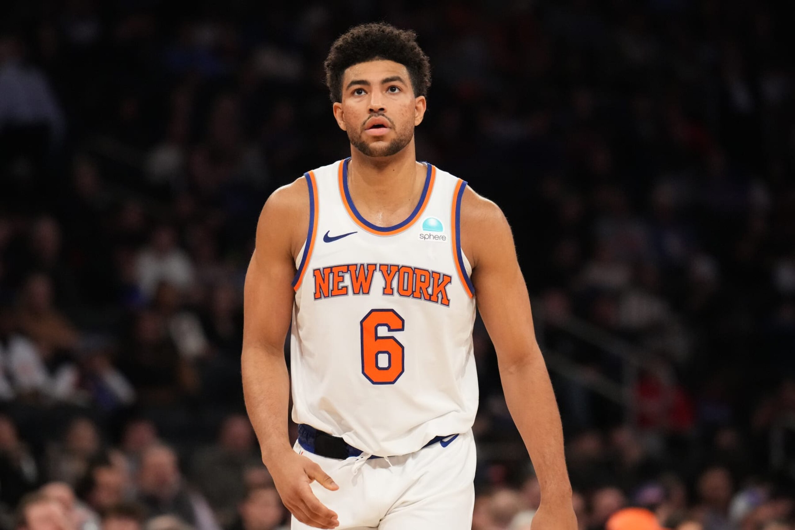 NEW YORK, NY - JANUARY 9: Quentin Grimes #6 of the New York Knicks look on during the game on January 9, 2024 at Madison Square Garden in New York City, New York. NOTE TO USER: User expressly acknowledges and agrees that, by downloading and or using this photograph, User is consenting to the terms and conditions of the Getty Images License Agreement. Mandatory Copyright Notice: Copyright 2024 NBAE (Photo by Jesse D. Garrabrant/NBAE via Getty Images) NEW YORK, NY - JANUARY 9: Quentin Grimes #6 of the New York Knicks look on during the game on January 9, 2024 at Madison Square Garden in New York City, New York. NOTE TO USER: User expressly acknowledges and agrees that, by downloading and or using this photograph, User is consenting to the terms and conditions of the Getty Images License Agreement. Mandatory Copyright Notice: Copyright 2024 NBAE (Photo by Jesse D. Garrabrant/NBAE via Getty Images)
