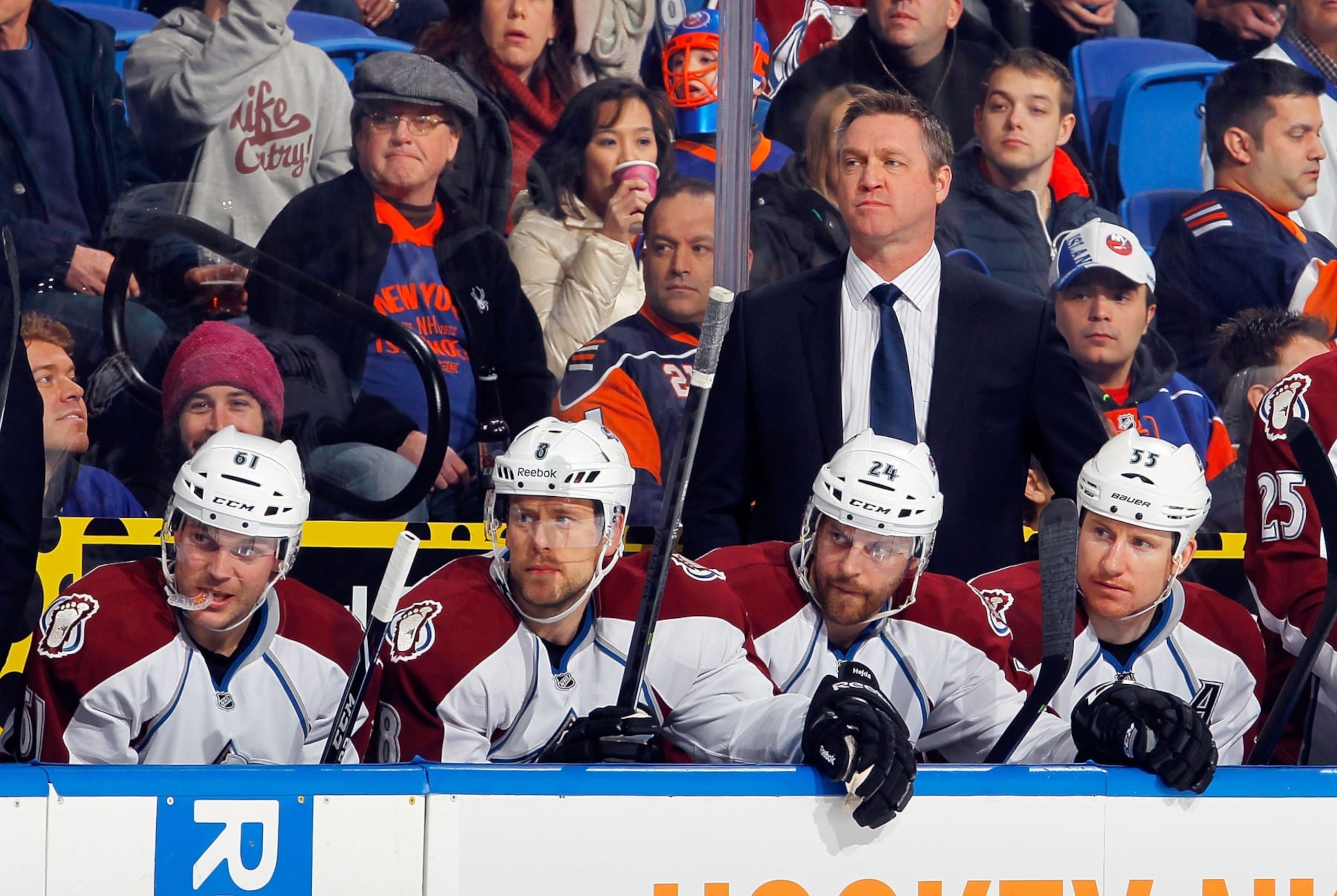 UNIONDALE, NY - FEBRUARY 08:  Head coach Patrick Roy of the Colorado Avalanche looks on with his team against the New York Islanders on February 8, 2014 at Nassau Coliseum in Uniondale, New York.  (Photo by Jim McIsaac/NHLI via Getty Images) 