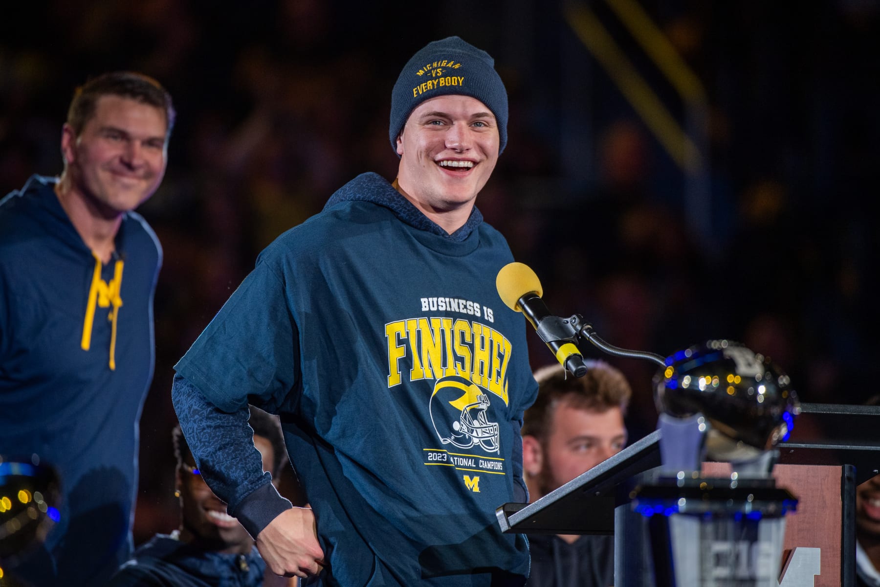 ANN ARBOR, MICHIGAN - JANUARY 13: J.J. McCarthy #9 of the Michigan Wolverines speaks onstage during the National Championship Celebration at Crisler Center on January 13, 2024 in Ann Arbor, Michigan. (Photo by Aaron J. Thornton/Getty Images)