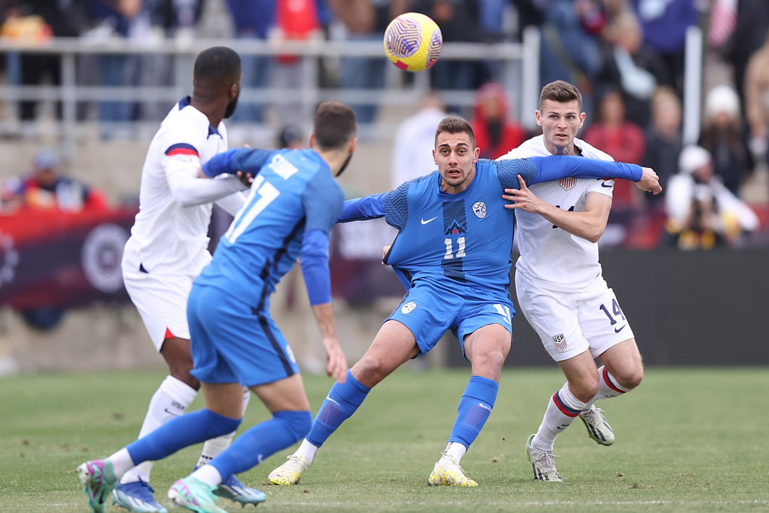 SAN ANTONIO, TEXAS - JANUARY 20: Nejc Gradisar #11 of Slovenia and Sean Zawadzki #14 of United States battle for the ball during a match between Slovenia and United States at Toyota Field on January 20, 2024 in San Antonio, Texas. (Photo by Omar Vega/Getty Images) SAN ANTONIO, TEXAS - JANUARY 20: Nejc Gradisar #11 of Slovenia and Sean Zawadzki #14 of United States battle for the ball during a match between Slovenia and United States at Toyota Field on January 20, 2024 in San Antonio, Texas. (Photo by Omar Vega/Getty Images)