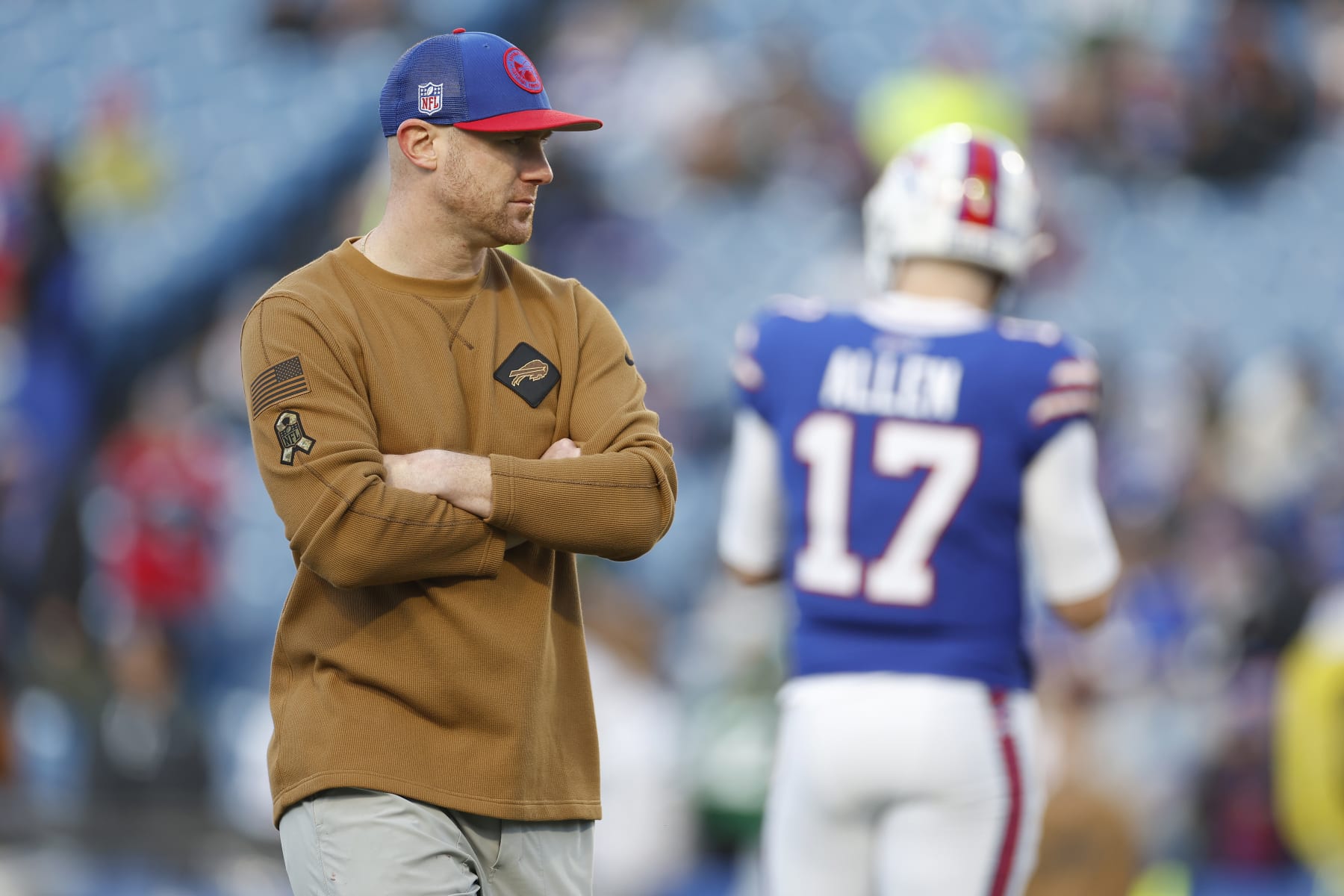 ORCHARD PARK, NEW YORK - NOVEMBER 19: Interim offensive coordinator Joe Brady looks on before the game against the New York Jets at Highmark Stadium on November 19, 2023 in Orchard Park, New York. (Photo by Sarah Stier/Getty Images)