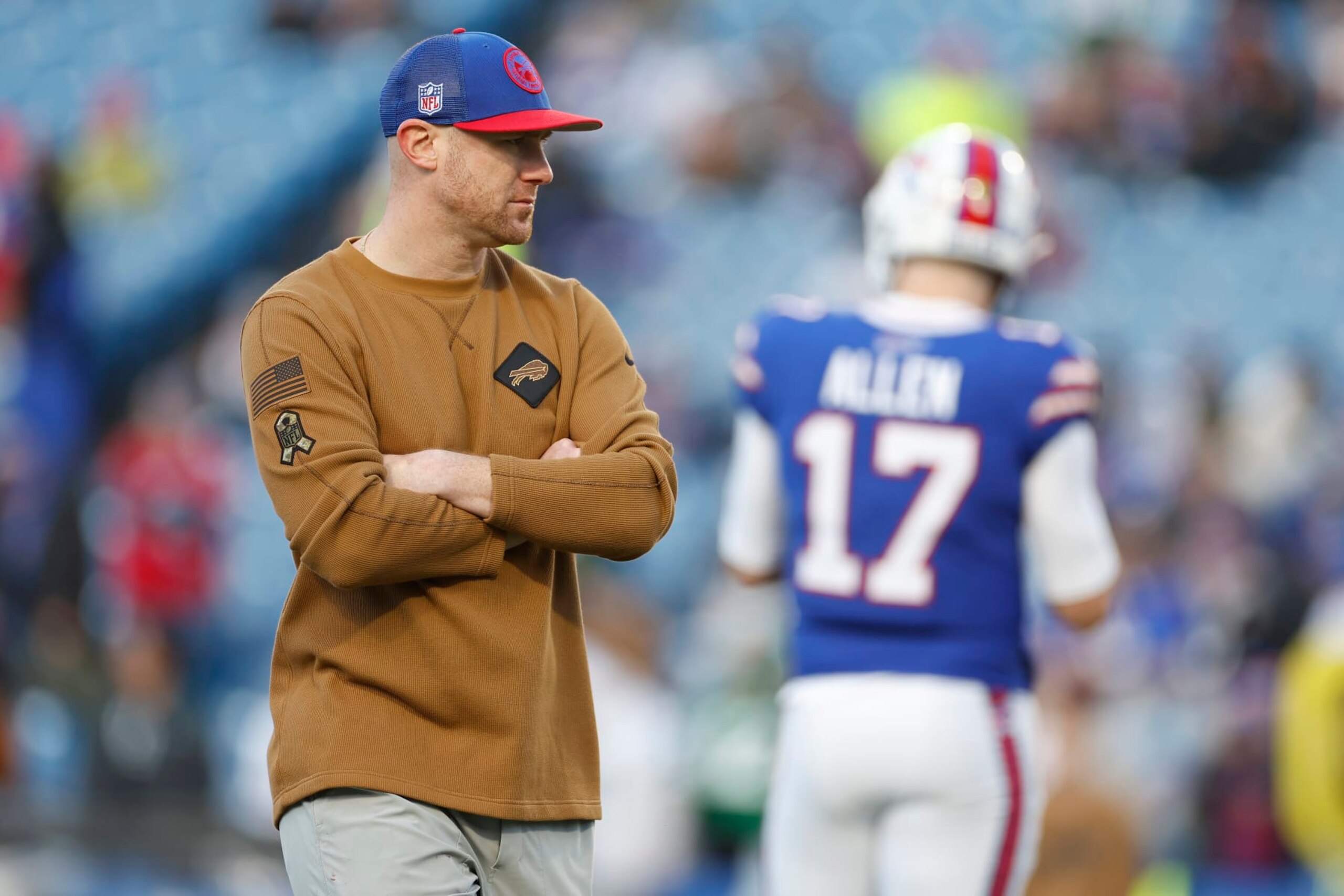 ORCHARD PARK, NEW YORK - NOVEMBER 19: Interim offensive coordinator Joe Brady looks on before the game against the New York Jets at Highmark Stadium on November 19, 2023 in Orchard Park, New York. (Photo by Sarah Stier/Getty Images)