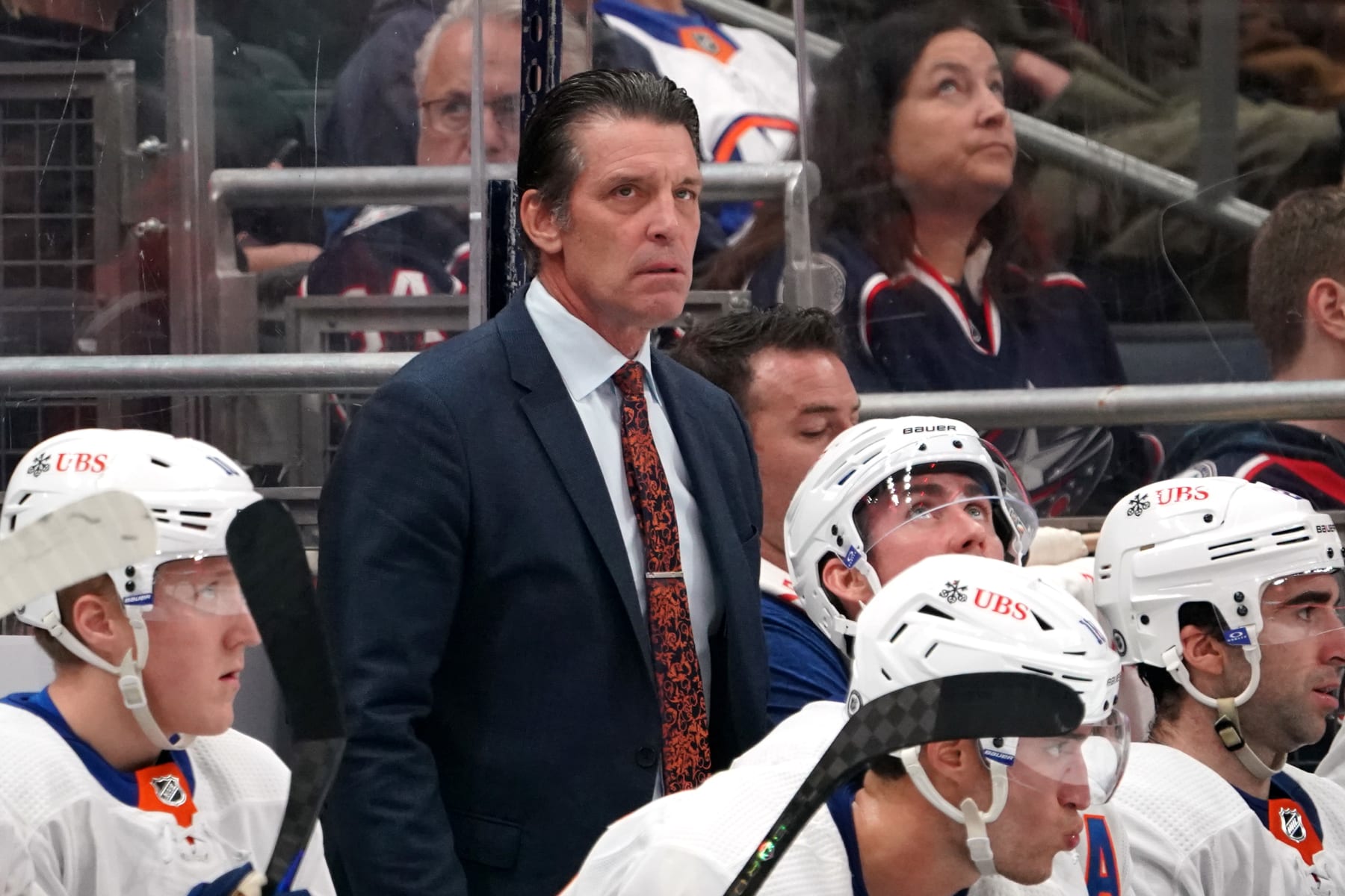 COLUMBUS, OHIO - OCTOBER 28: Head coach Lane Lambert of the  New York Islanders looks on during the third period against the Columbus Blue Jackets at Nationwide Arena on October 28, 2023 in Columbus, Ohio. (Photo by Jason Mowry/Getty Images)