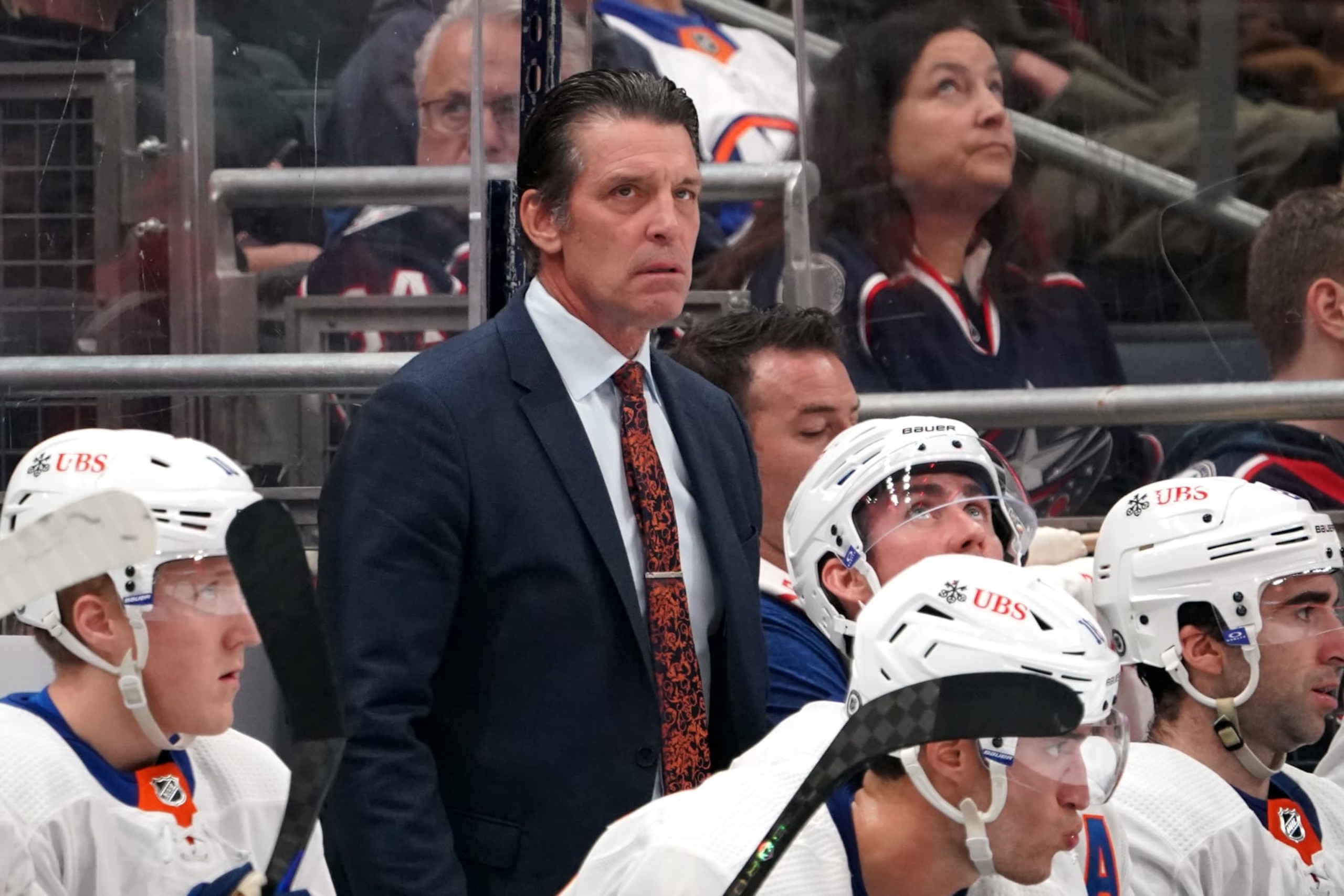 COLUMBUS, OHIO - OCTOBER 28: Head coach Lane Lambert of the  New York Islanders looks on during the third period against the Columbus Blue Jackets at Nationwide Arena on October 28, 2023 in Columbus, Ohio. (Photo by Jason Mowry/Getty Images)