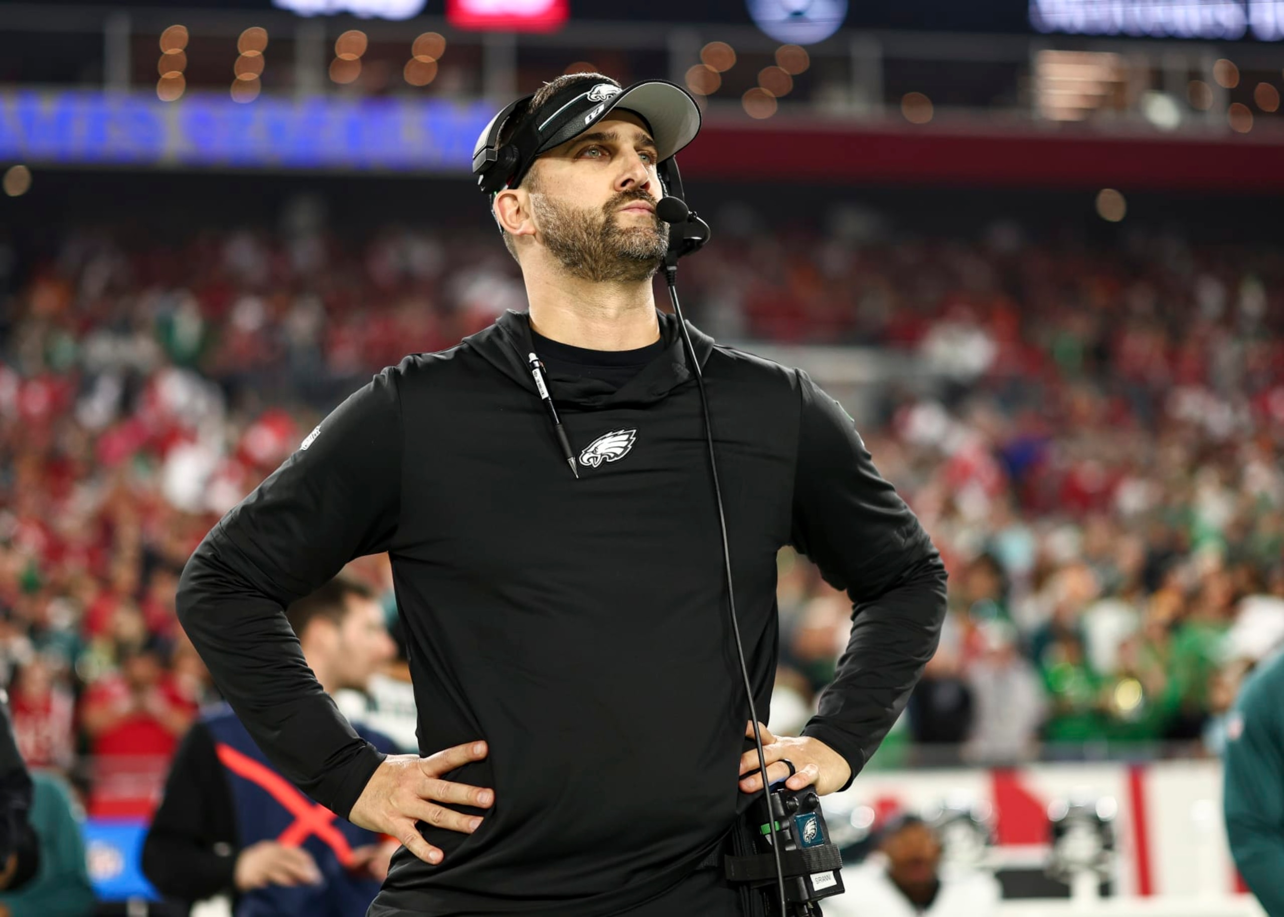 TAMPA, FL - JANUARY 15: Head coach Nick Sirianni of the Philadelphia Eagles stands on the sidelines prior to an NFL wild-card playoff football game against the Tampa Bay Buccaneers at Raymond James Stadium on January 15, 2024 in Tampa, Florida. (Photo by Kevin Sabitus/Getty Images) TAMPA, FL - JANUARY 15: Head coach Nick Sirianni of the Philadelphia Eagles stands on the sidelines prior to an NFL wild-card playoff football game against the Tampa Bay Buccaneers at Raymond James Stadium on January 15, 2024 in Tampa, Florida. (Photo by Kevin Sabitus/Getty Images)