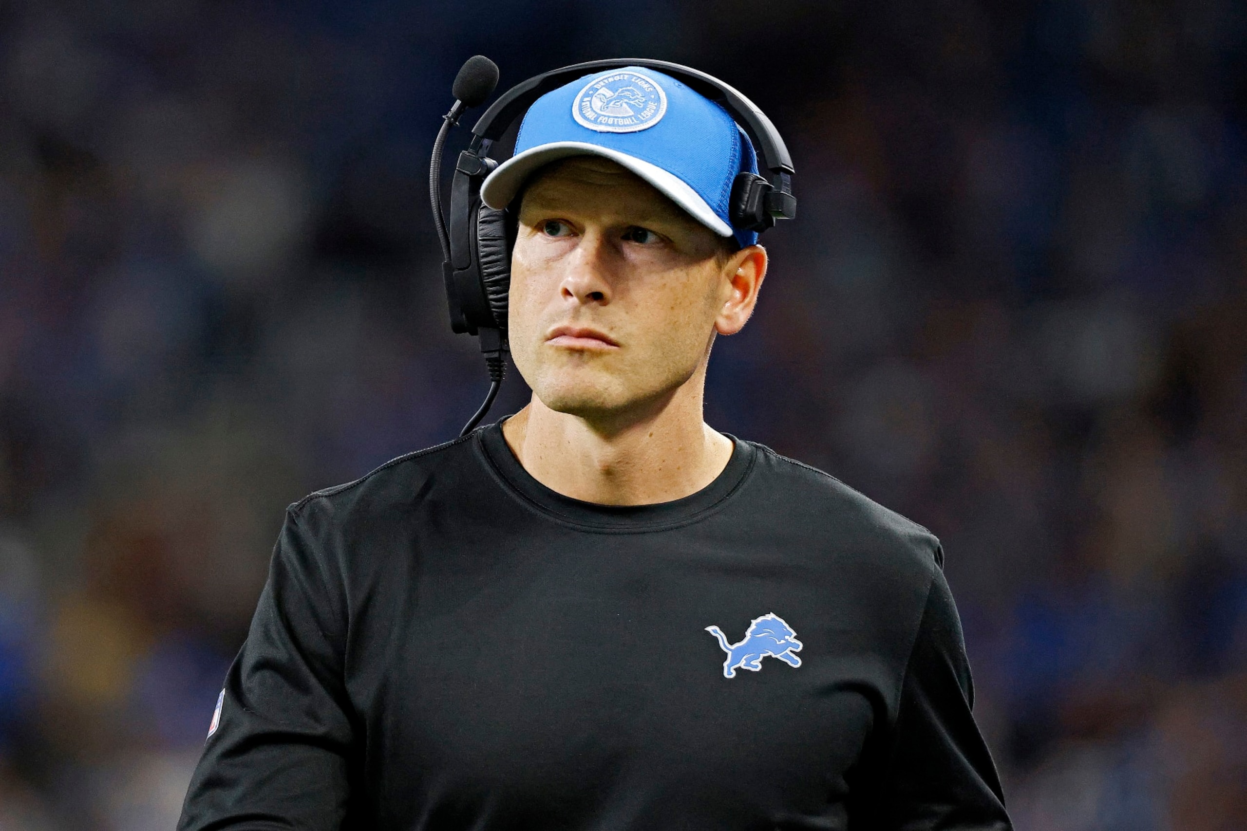 DETROIT, MICHIGAN - SEPTEMBER 24: Ben Johnson offensive coordinator with the Detroit Lions looks on during a game against the Atlanta Falcons at Ford Field on September 24, 2023 in Detroit, Michigan. (Photo by Mike Mulholland/Getty Images)