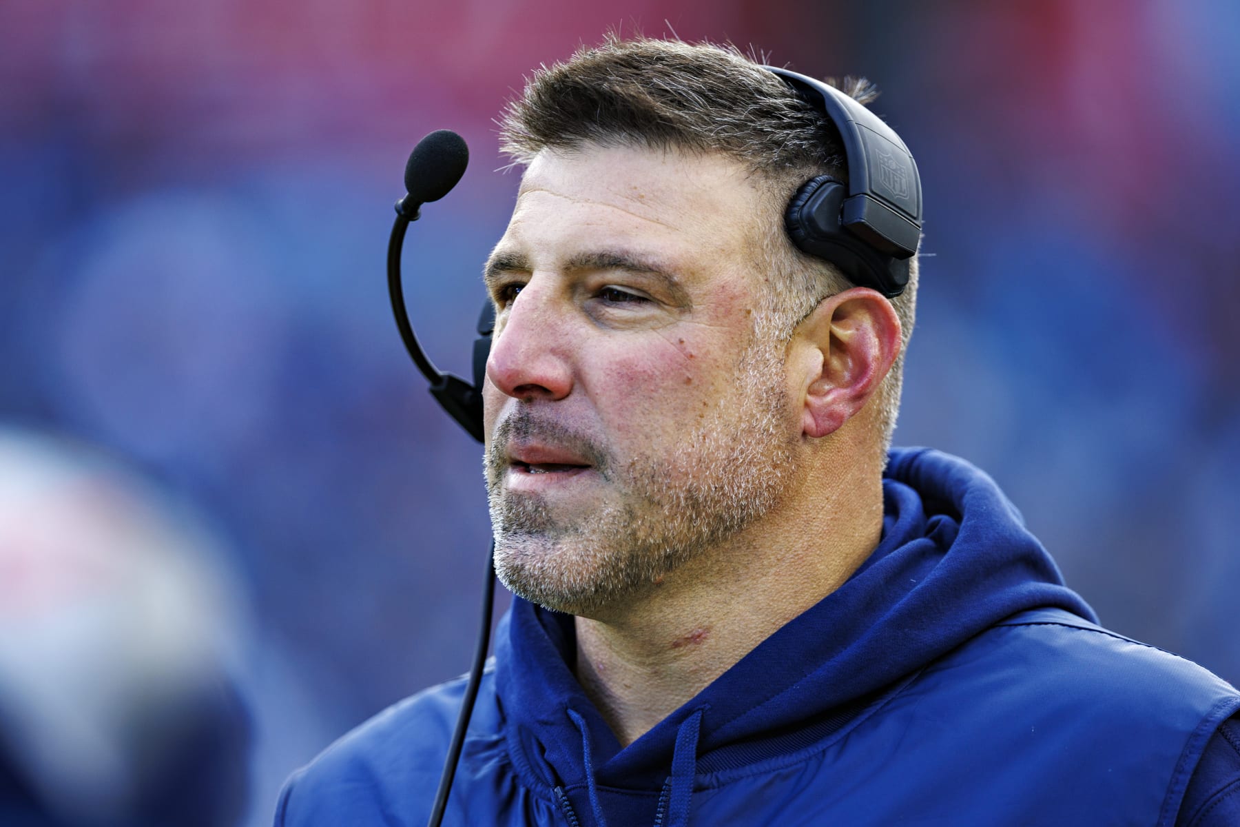 NASHVILLE TENNESSEE - JANUARY 07: Head Coach Mike Vrabel of the Tennessee Titans during the game against the Jacksonville Jaguars in Nashville, Tennessee at Nissan Stadium on January 7, 2024 in Houston, Texas. The Titans defeated the Jaguars 28-20.  (Photo by Wesley Hitt/Getty Images)