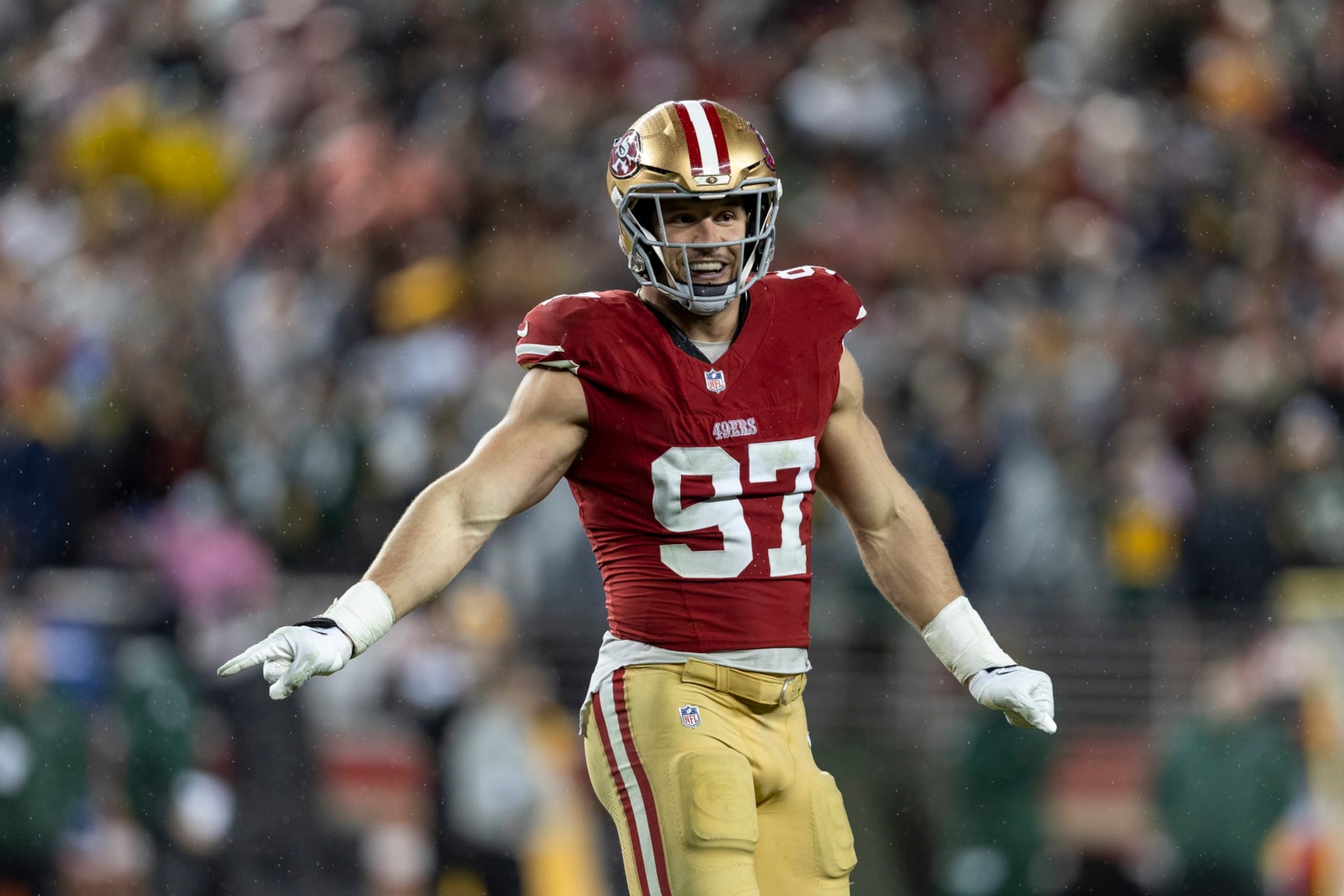 SANTA CLARA, CALIFORNIA - JANUARY 20: Nick Bosa #97 of the San Francisco 49ers reacts during an NFL divisional round playoff football game between the San Francisco 49ers and the Green Bay Packers at Levi's Stadium on January 20, 2024 in Santa Clara, California. (Photo by Michael Owens/Getty Images)