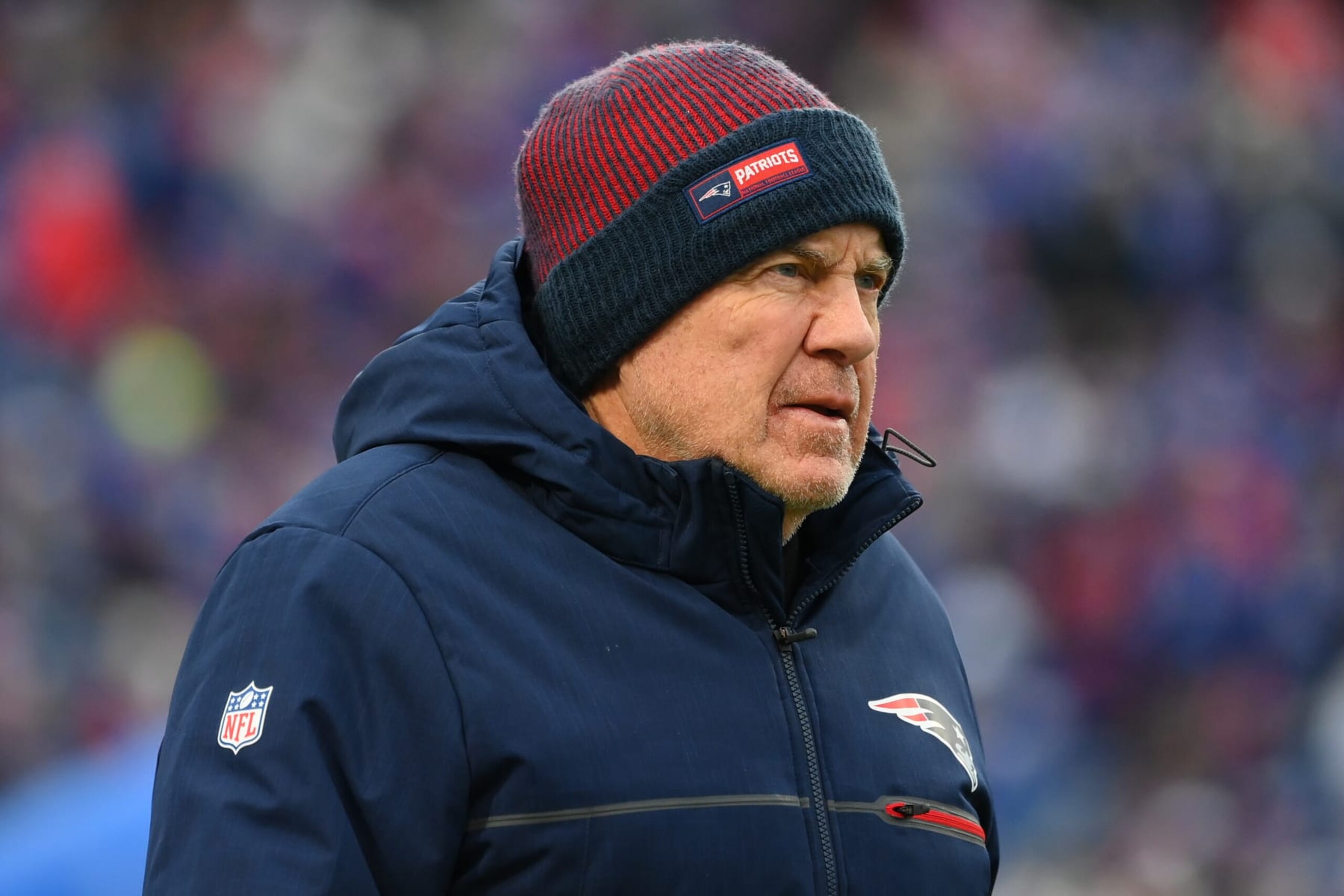 ORCHARD PARK, NEW YORK - DECEMBER 31: Head coach Bill Belichick of the New England Patriots prior to the game against the Buffalo Bills at Highmark Stadium on December 31, 2023 in Orchard Park, New York. The Bills won 27-21. (Photo by Rich Barnes/Getty Images) ORCHARD PARK, NEW YORK - DECEMBER 31: Head coach Bill Belichick of the New England Patriots prior to the game against the Buffalo Bills at Highmark Stadium on December 31, 2023 in Orchard Park, New York. The Bills won 27-21. (Photo by Rich Barnes/Getty Images)