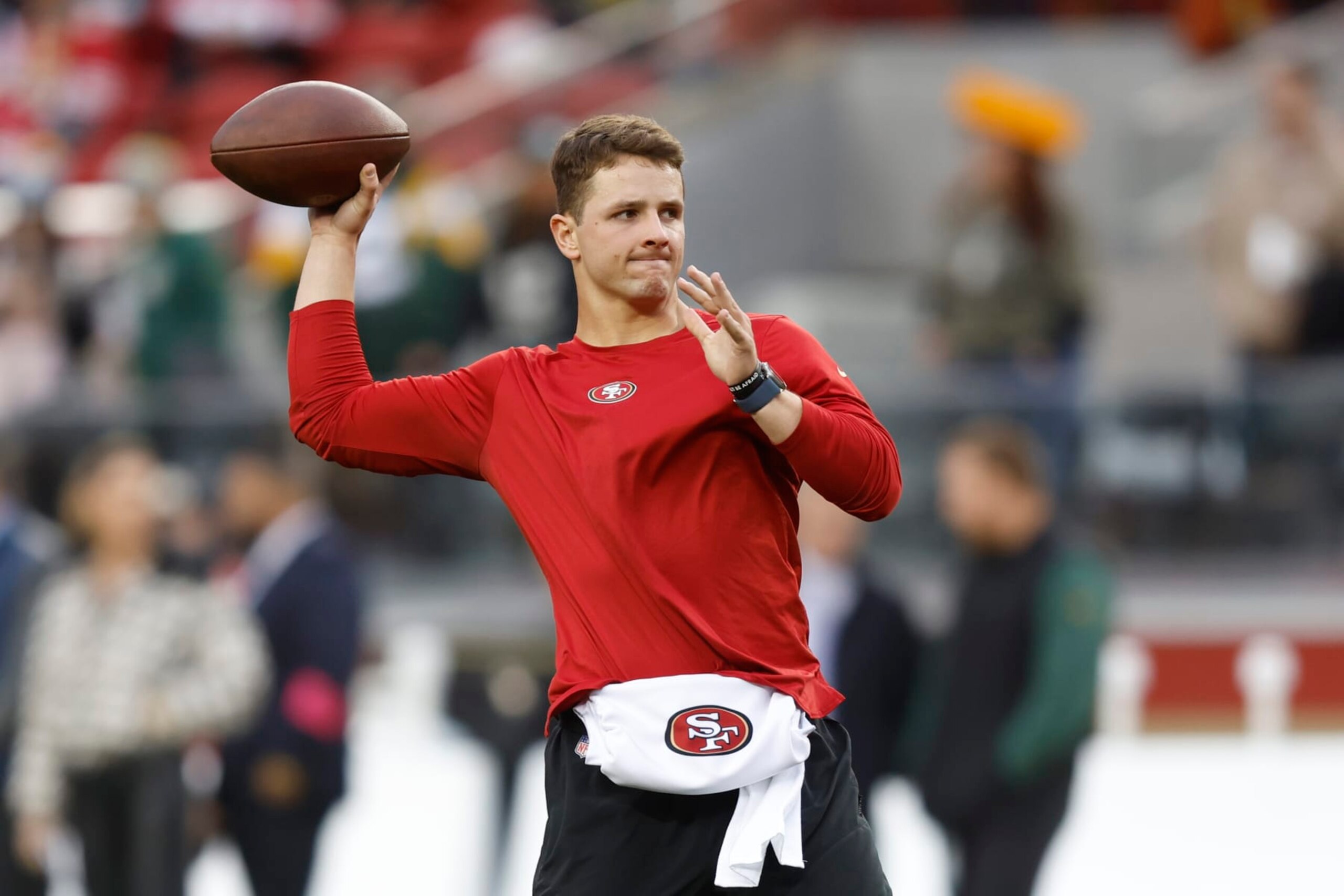 SANTA CLARA, CALIFORNIA - JANUARY 20: Brock Purdy #13 of the San Francisco 49ers warms up before the NFC Divisional Playoffs against the Green Bay Packers at Levi's Stadium on January 20, 2024 in Santa Clara, California. (Photo by Lachlan Cunningham/Getty Images) SANTA CLARA, CALIFORNIA - JANUARY 20: Brock Purdy #13 of the San Francisco 49ers warms up before the NFC Divisional Playoffs against the Green Bay Packers at Levi's Stadium on January 20, 2024 in Santa Clara, California. (Photo by Lachlan Cunningham/Getty Images)